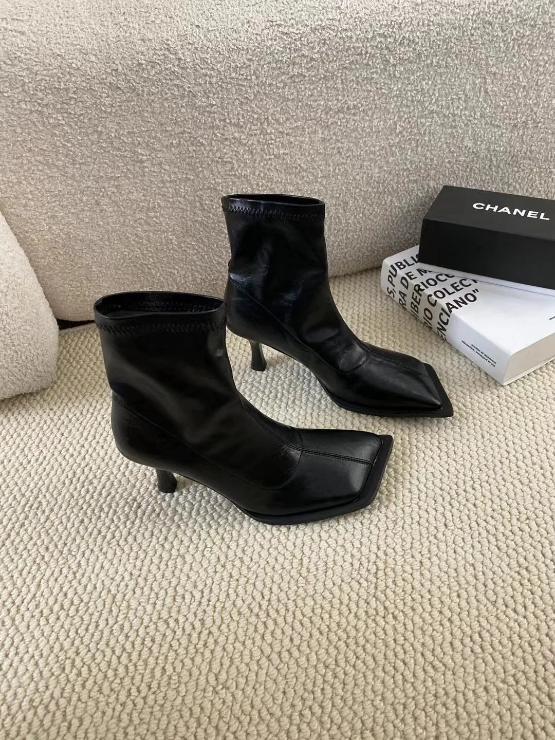 Square Toe Women Ankle Boots Sock Bootie Stretch Shoes Woman Elegant Black Lycra Design Back Zipper Fashion Pumps Size 35-39