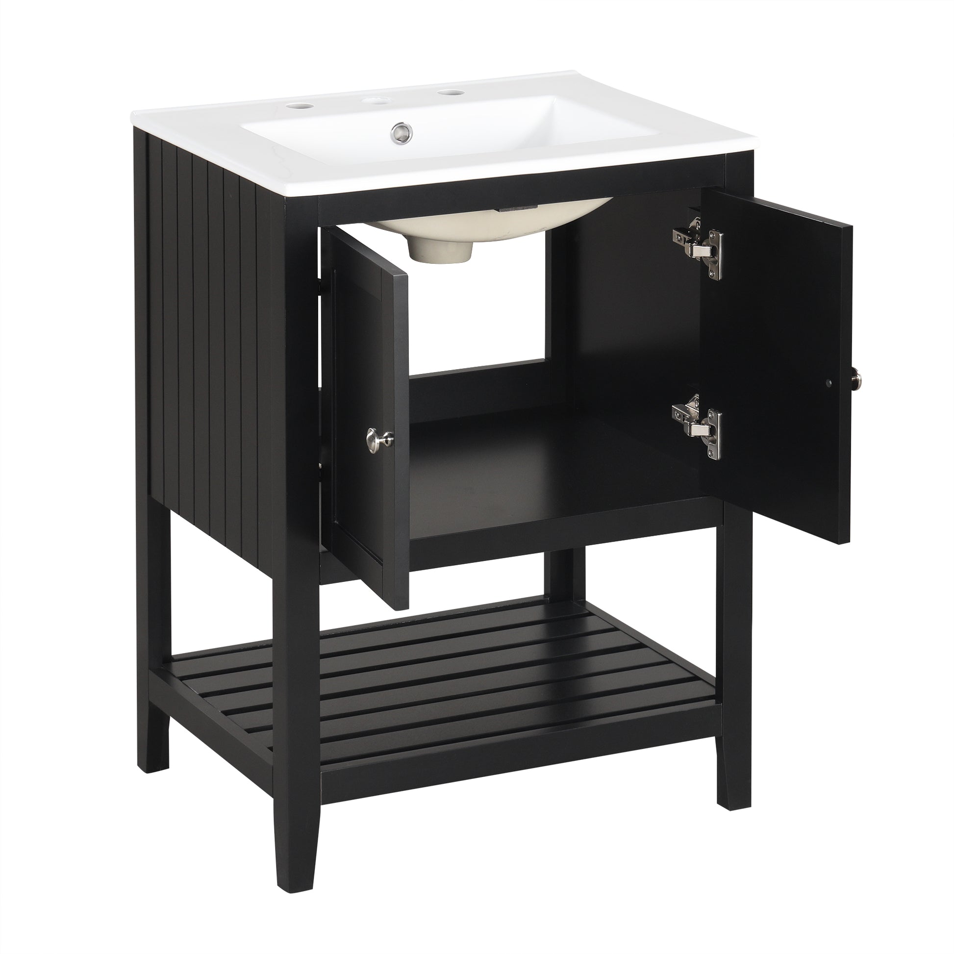 24" Black Modern Sleek Bathroom Vanity Elegant Ceramic Sink with Solid Wood Frame Open Style Shelf - NOVADI