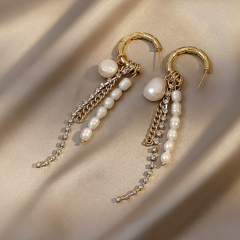 Silver Needle Retro Freshwater Pearl Bamboo Knot Circle Inlaid Diamond Earrings