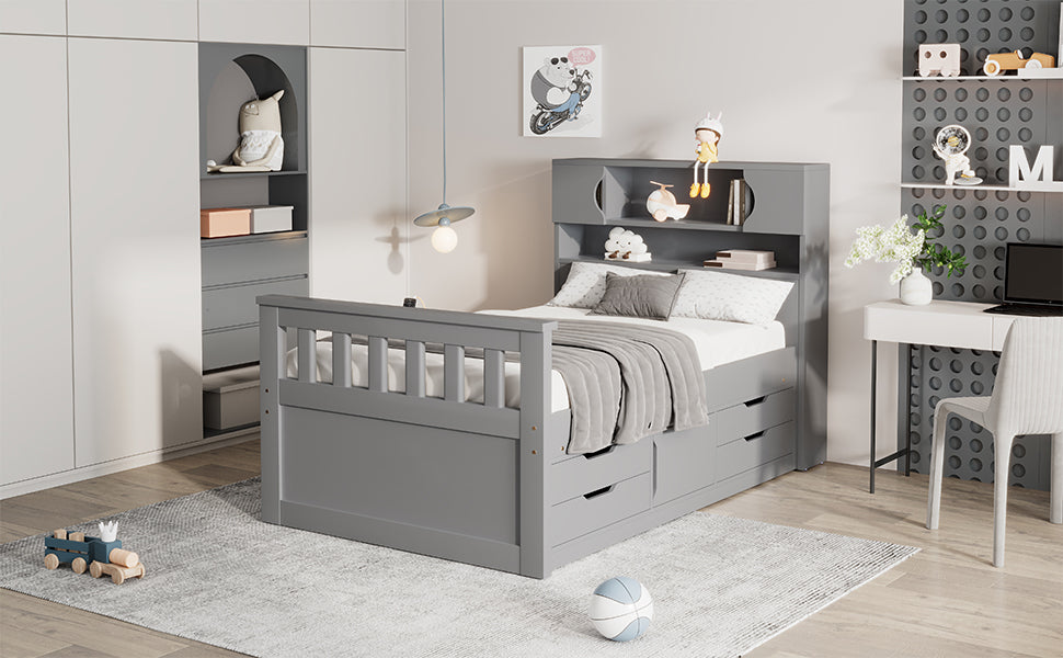 Twin Size Captain Platform Bed Frame with Storage Bookcases and Shelves,Four Drawers, Gray