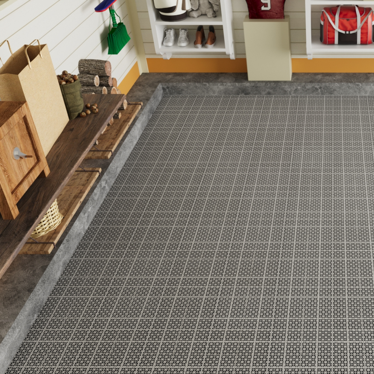 12 x 12 inch gray interlocking deck tiles, plastic waterproof, weighing up to 6613 pounds, with a rose pattern pack of 12