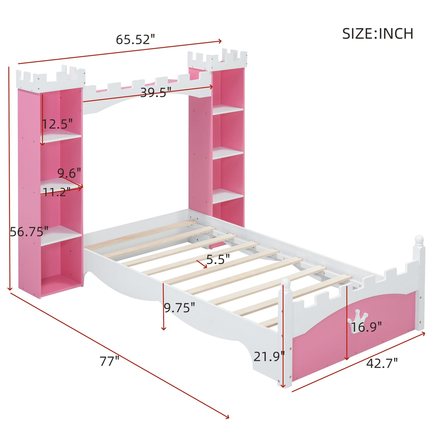 Schlossförmiges Holzbett mit Ablage, verträumtes Doppelbett in Einzelbettgröße für Kinderzimmer, Rosa + Weiß