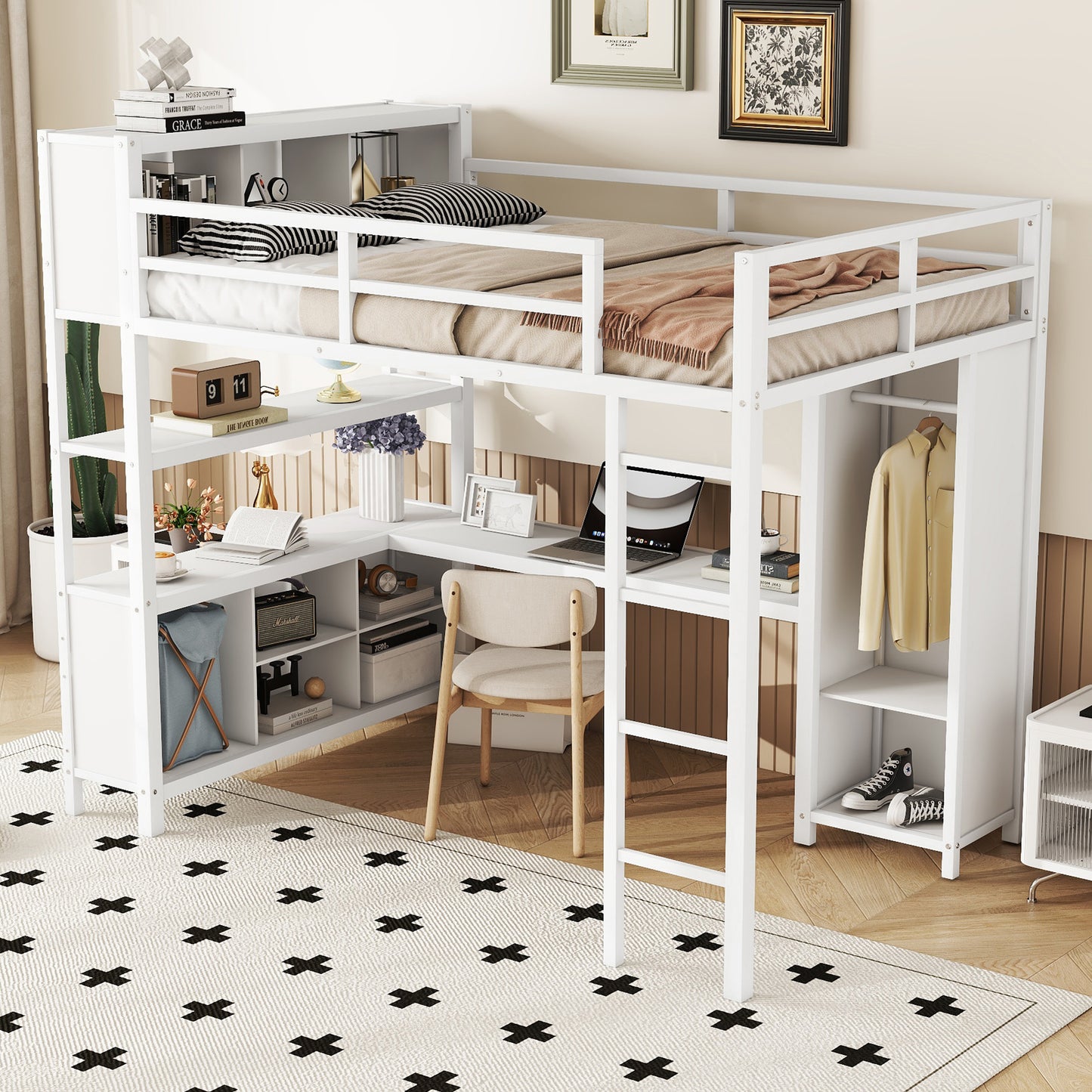 Metal loft bed with wardrobe and L-shaped desk, full-size loft bed with storage cabinet and shelf, white