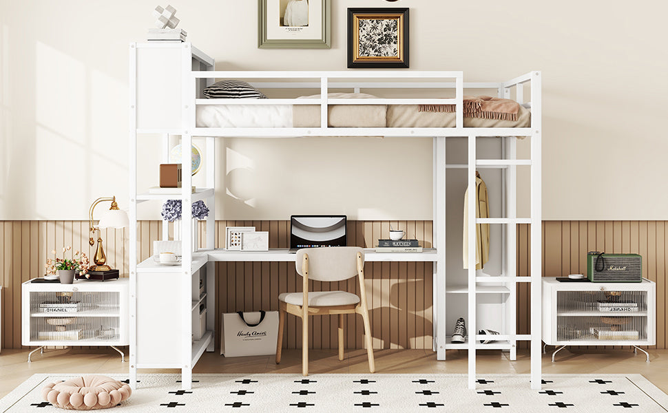 Metal loft bed with wardrobe and L-shaped desk, full-size loft bed with storage cabinet and shelf, white