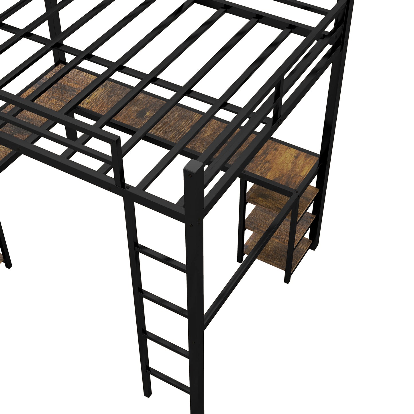 Full metal loft bed with desk and shelf, loft bed with ladder and guardrail, bedroom loft bed frame, black