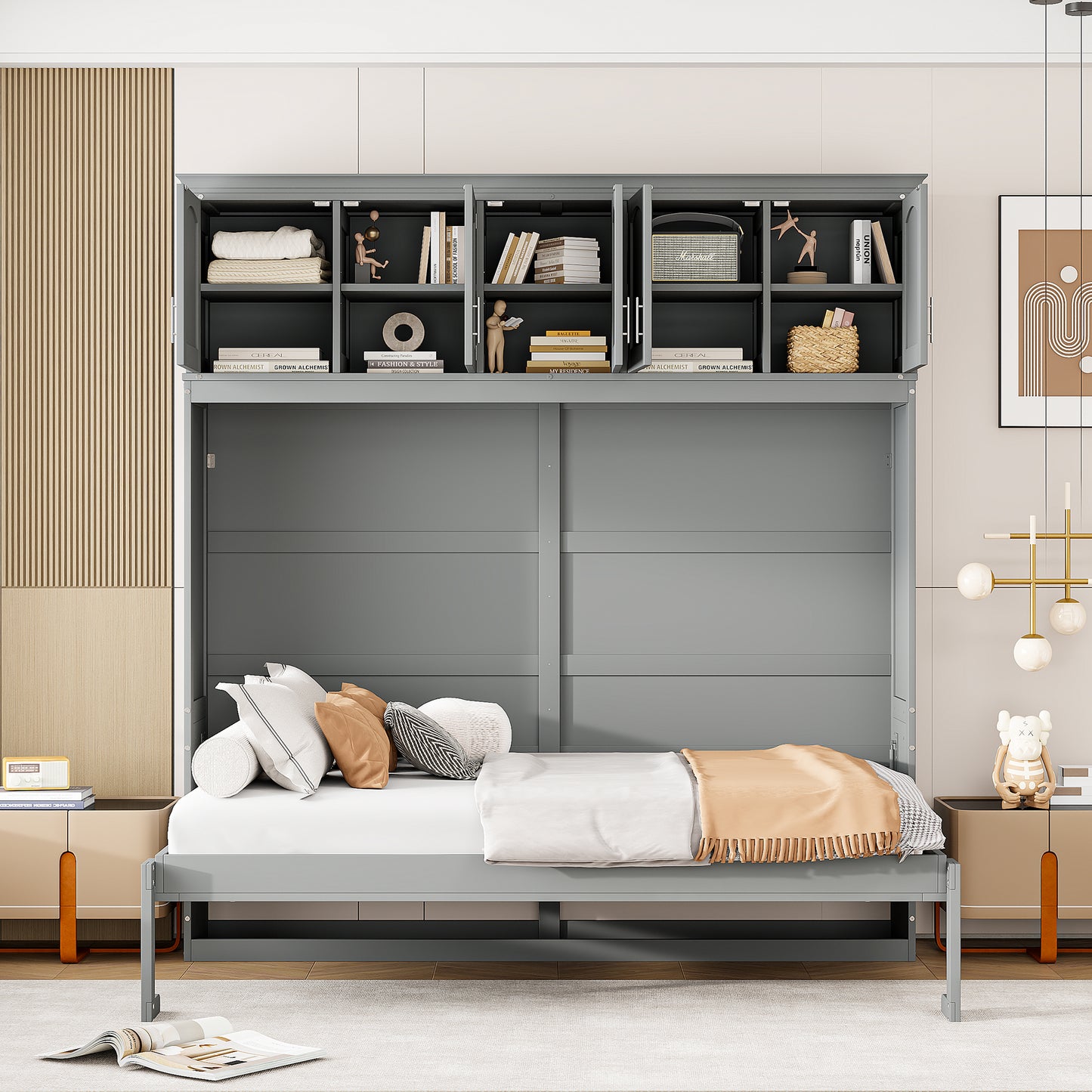 Full Size Murphy Bed Wall Bed with Top Cabinets,Gray