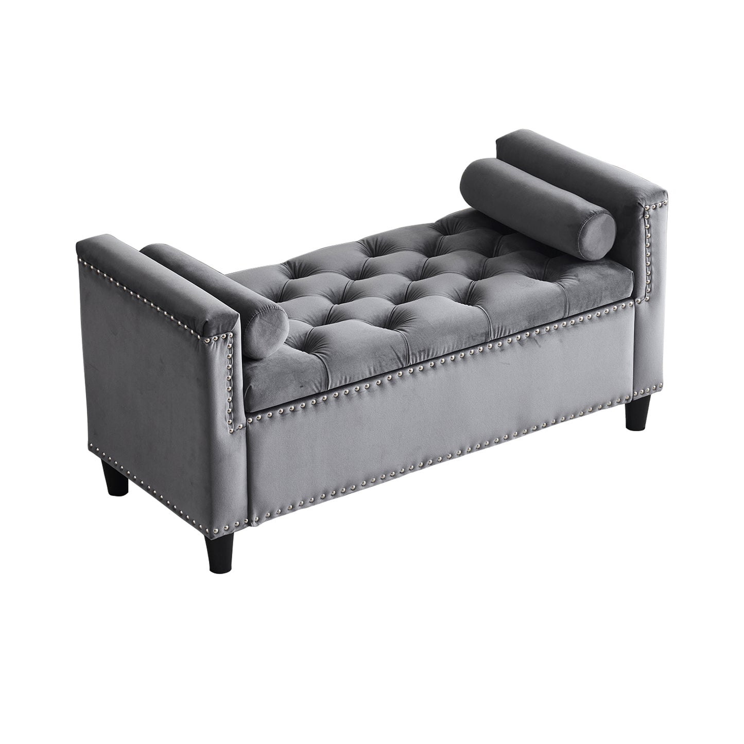 Storage Bench, 44.5-Inch Queen Velvet Button Bedside Bench, Entryway Living Room with Armrests, Nailhead Trim Gray