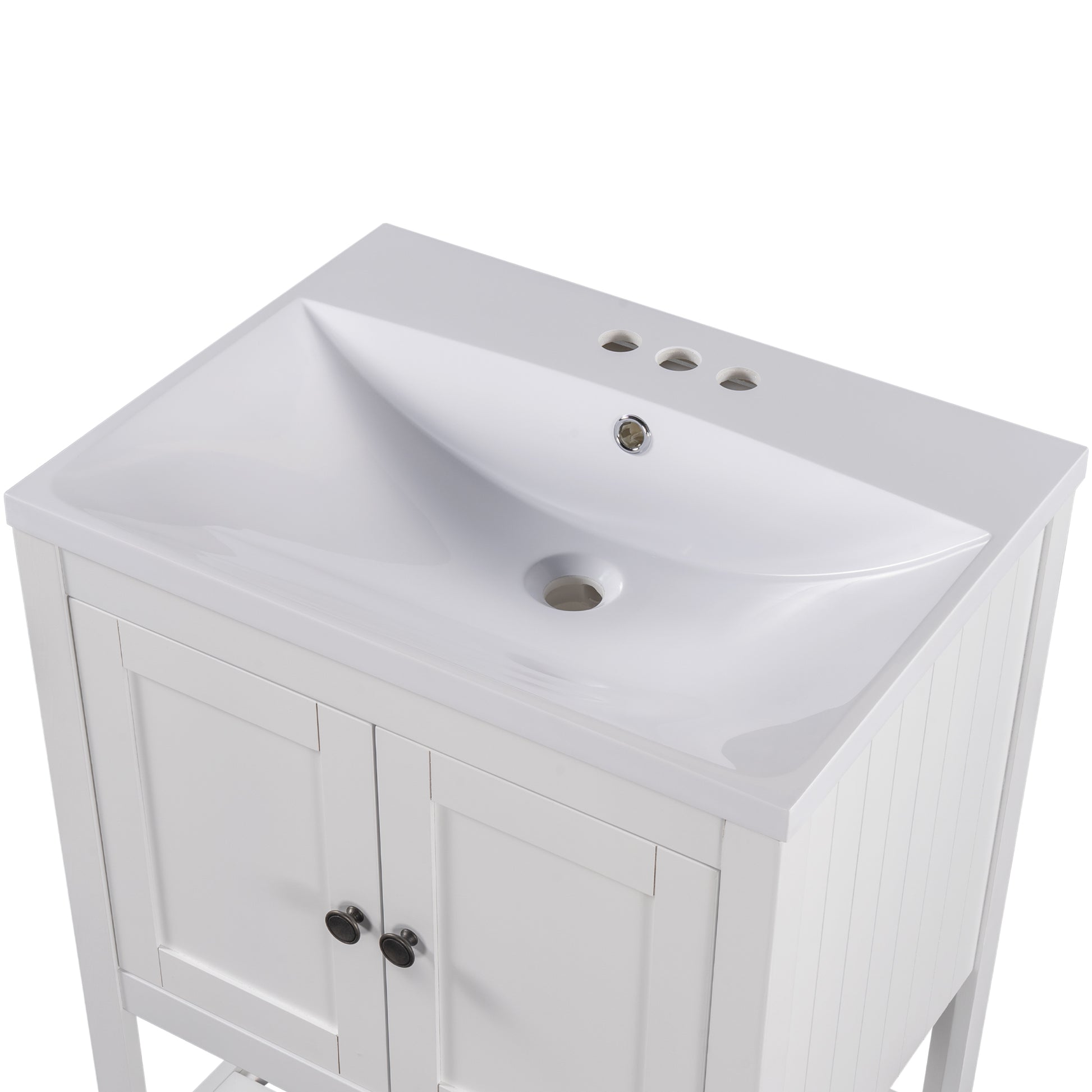 24" White Modern Sleek Bathroom Vanity Elegant Ceramic Sink with Solid Wood Frame Open Style Shelf - NOVADI