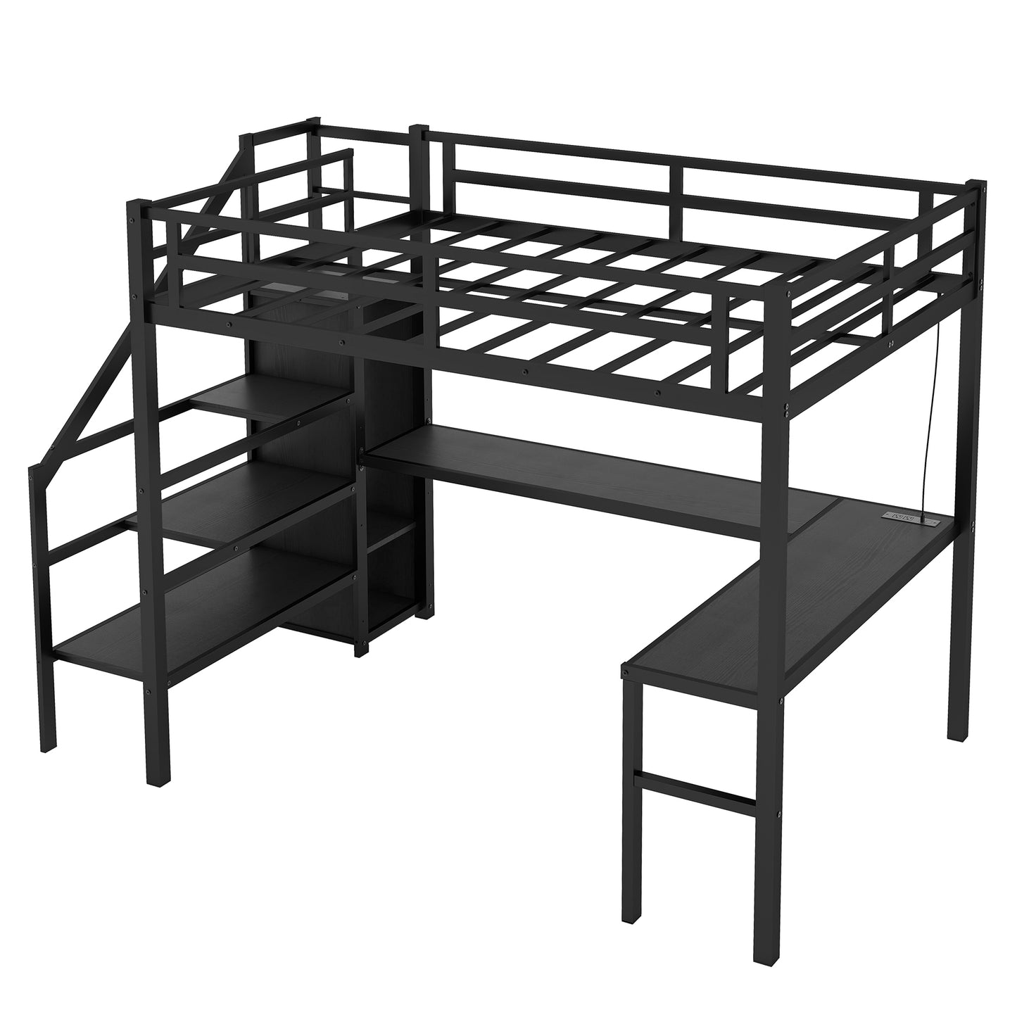 Full sized loft bed with L-shaped desk and USB, metal loft bed with wardrobe and adjustable shelf, black color