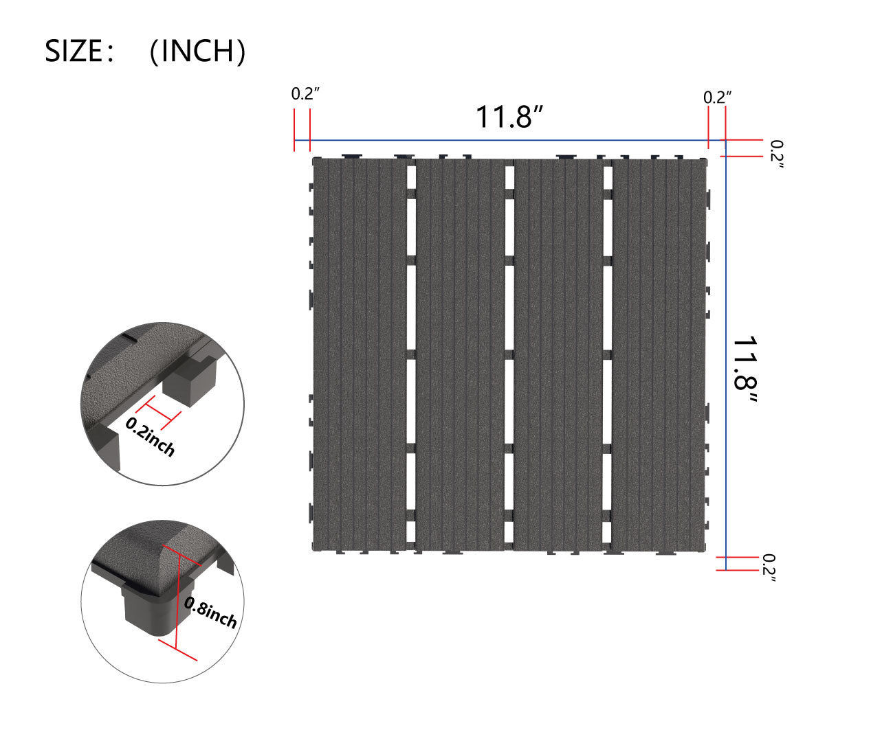 Plastic interlocking deck tiles, 44 waterproof outdoor terrace deck tiles, 12 "x12" square gray