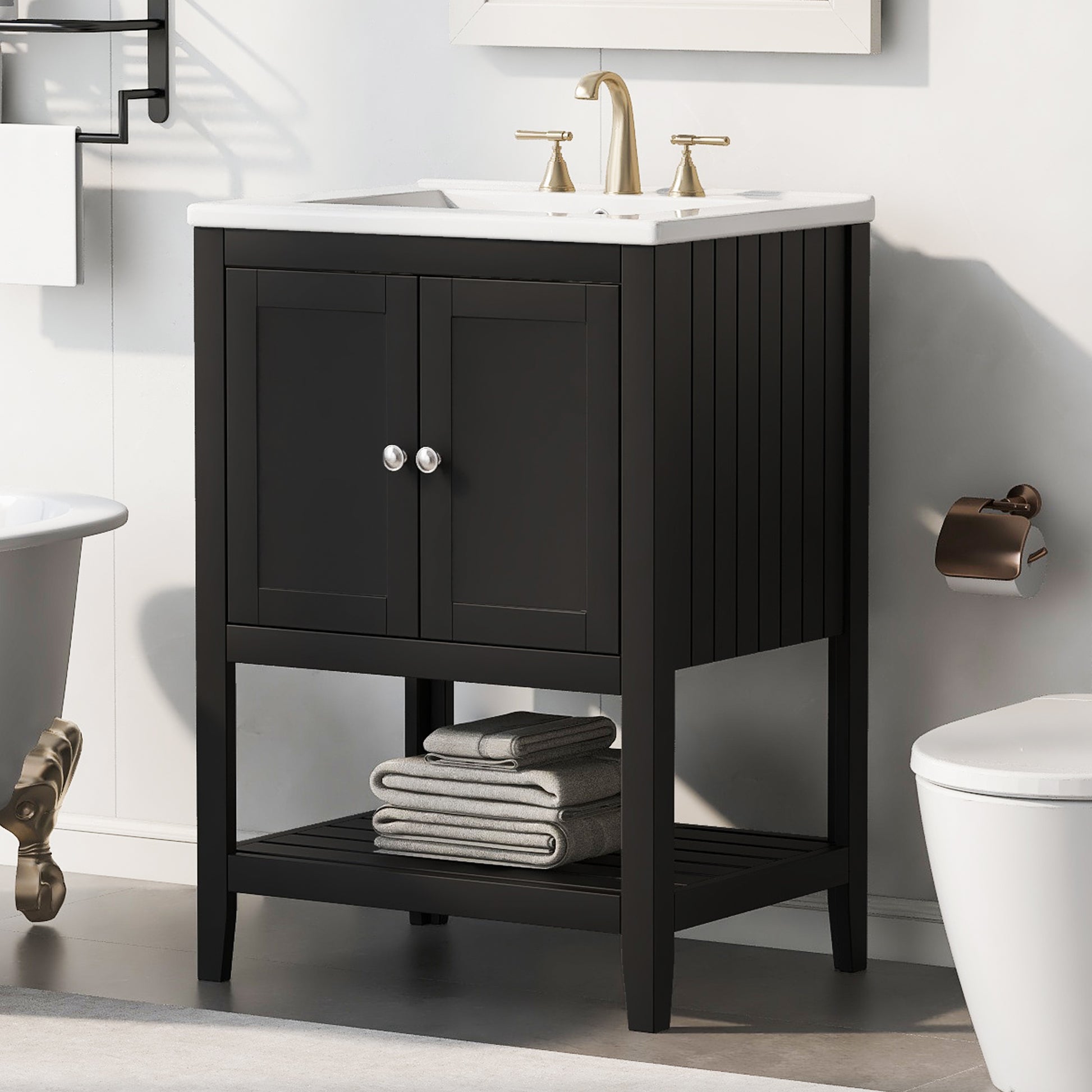 24" Black Modern Sleek Bathroom Vanity Elegant Ceramic Sink with Solid Wood Frame Open Style Shelf - NOVADI