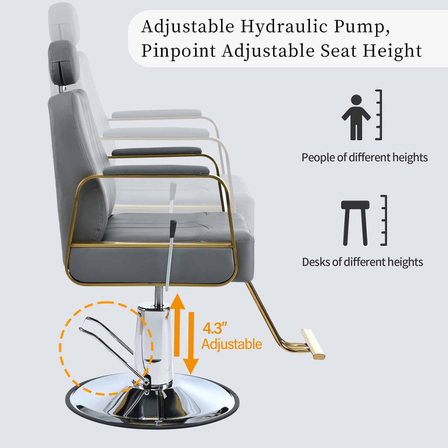 Fortschrittlicher verstellbarer Friseurstuhl mit Hochleistungs-Hydraulikpumpe, 360 ° -Drehung, maximale Gewichtskapazität von 400 Pfund, Grau