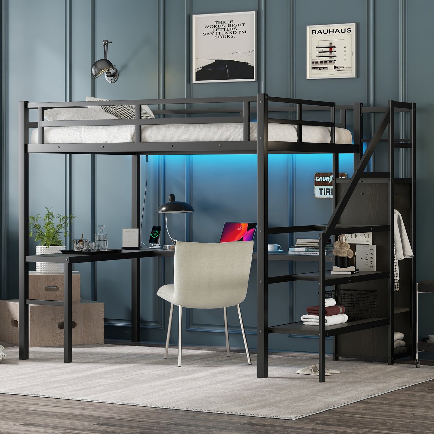 Full sized loft bed with L-shaped desk and USB, metal loft bed with wardrobe and adjustable shelf, black color