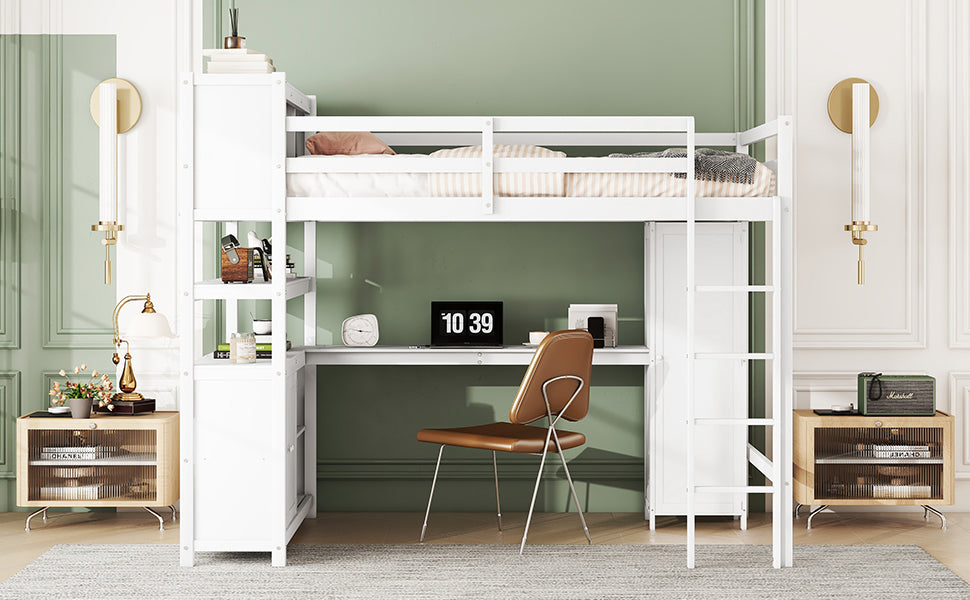 Wood Loft Bed with Cabinet and Bookshelf, Full Size Loft with Wardrobe and Desk for Kids,White