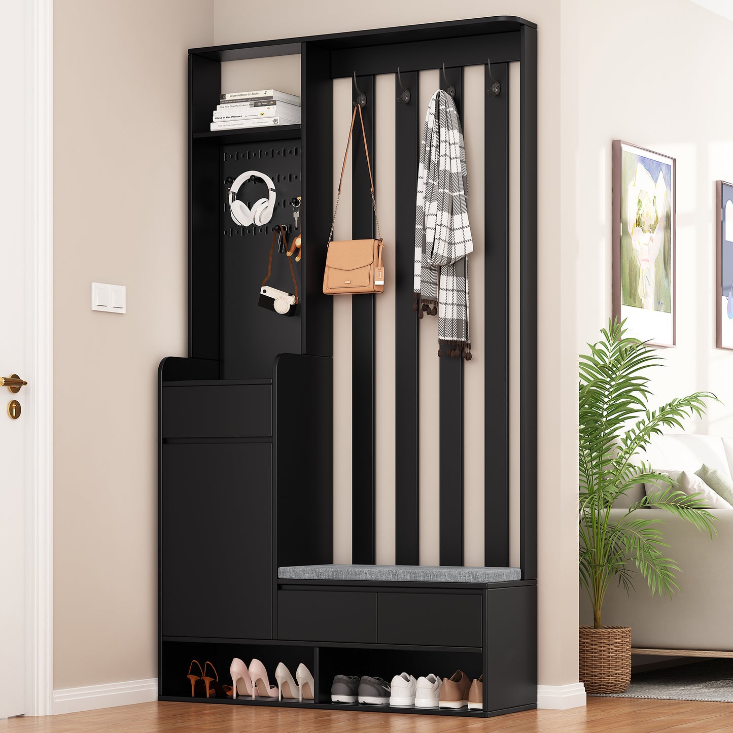 39.3'W70.8'H multifunctional corridor shoe cabinet with soft padded nail board and black hanger with entrance hook