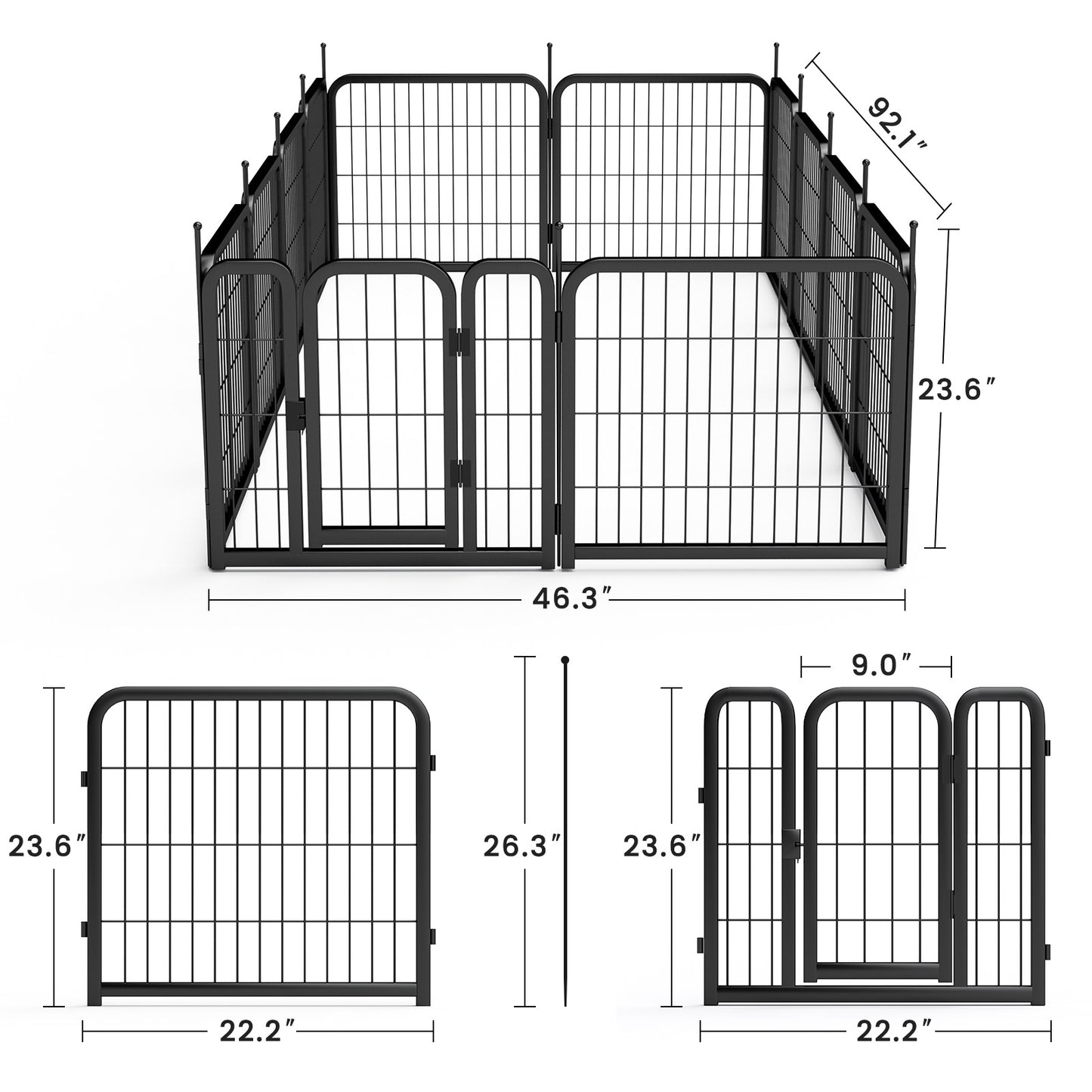 Outdoor 12 piece dog fence, 24 inch portable indoor game fence for small dog pets. Black, 22.2 inches wide x 23.6 inches high.