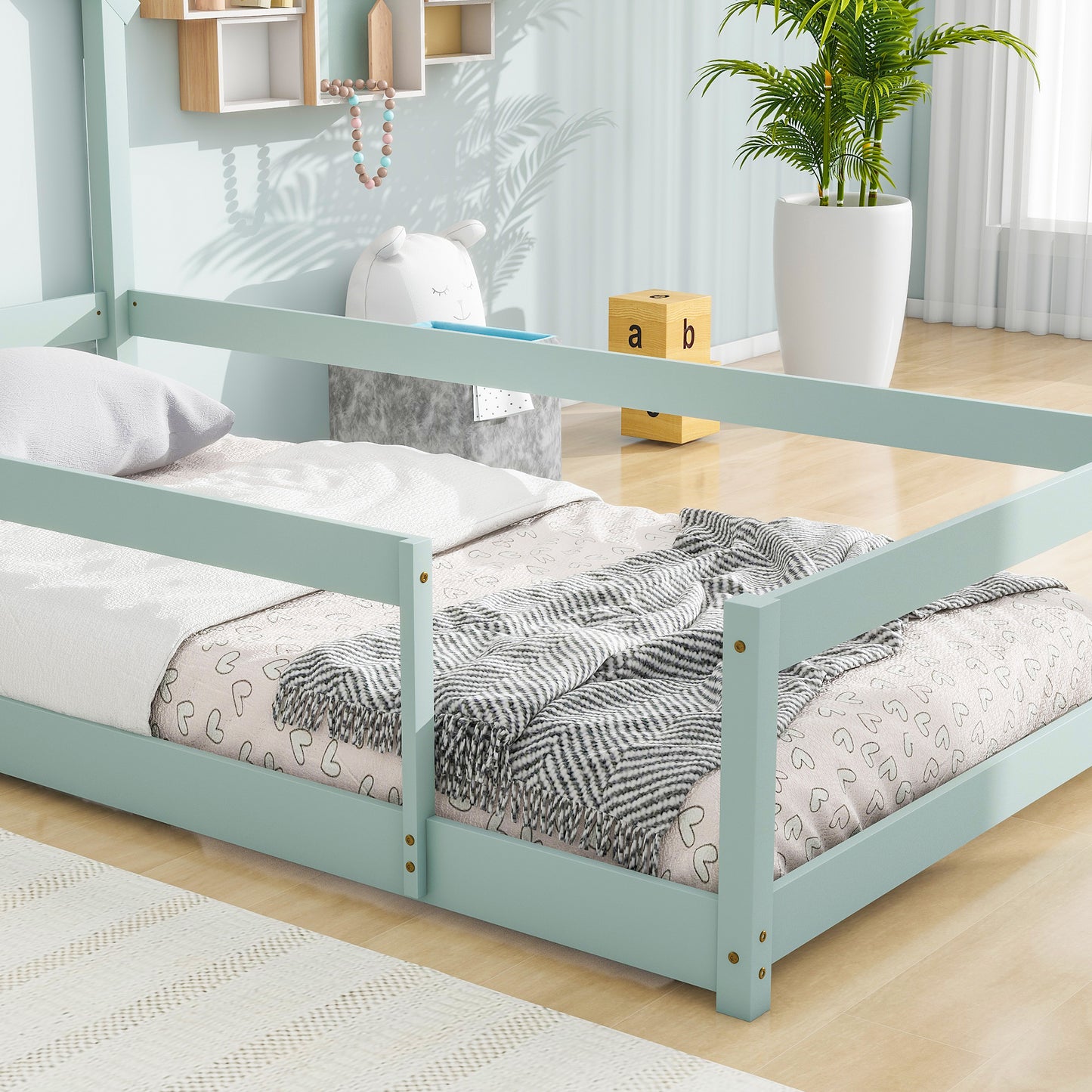 Twin Size Wood bed with House-shaped Headboard Floor bed with Fences,Light Green