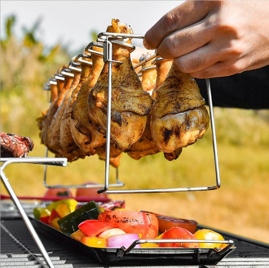 Folding Stainless Steel Grilled Chicken Leg Rack Grill BBQ Grill Pan Grill Rack Convenient Carry Bottom Tray Grilled Chicken Rack