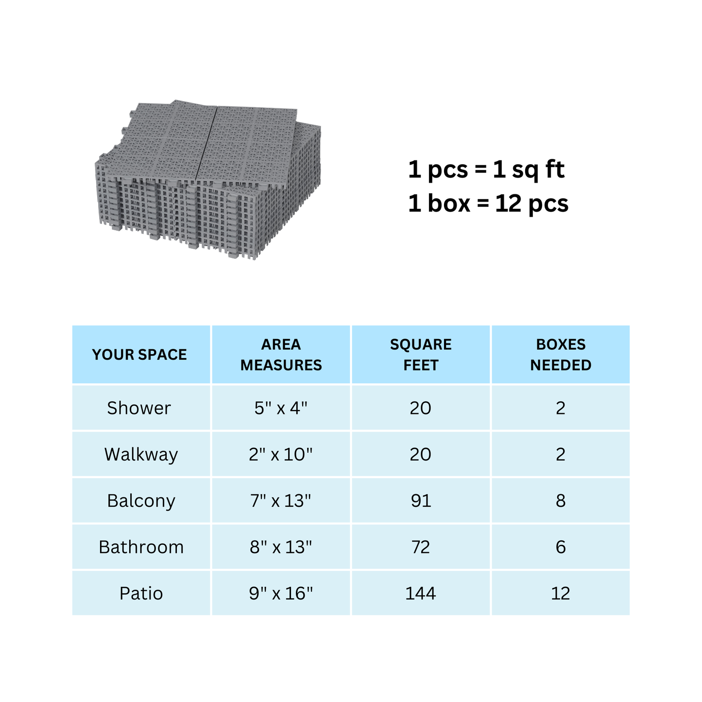 12 x 12 inch gray interlocking deck tiles, plastic waterproof, weighing up to 6613 pounds, with a rose pattern pack of 12