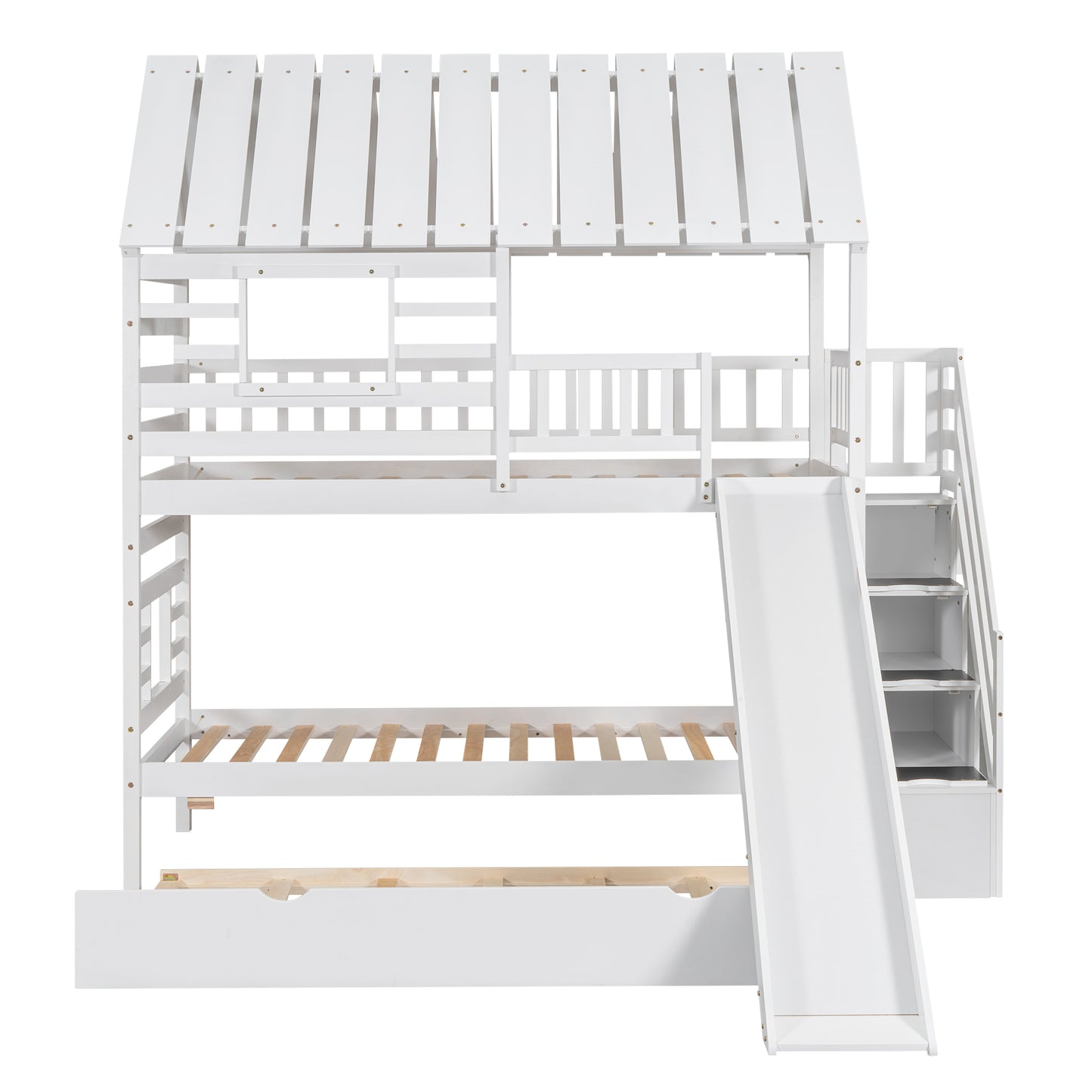 Twin over Twin House Bunk Bed with Trundle and Slide Storage Staircase Roof and Window Design  White