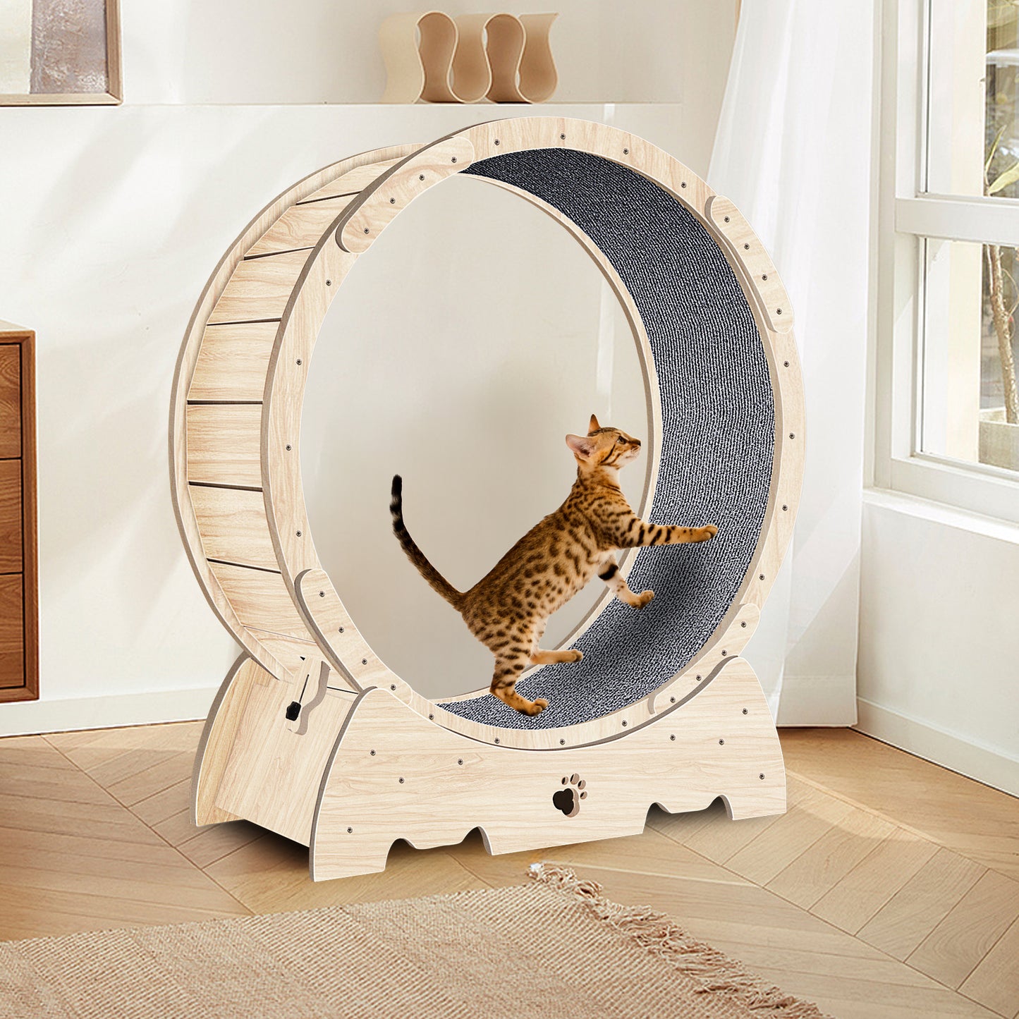 Cat Exercise Wheel for Indoor Cats, Cat Running Wheel with Carpeted Runway 37" Natural Wood Color - NOVADI