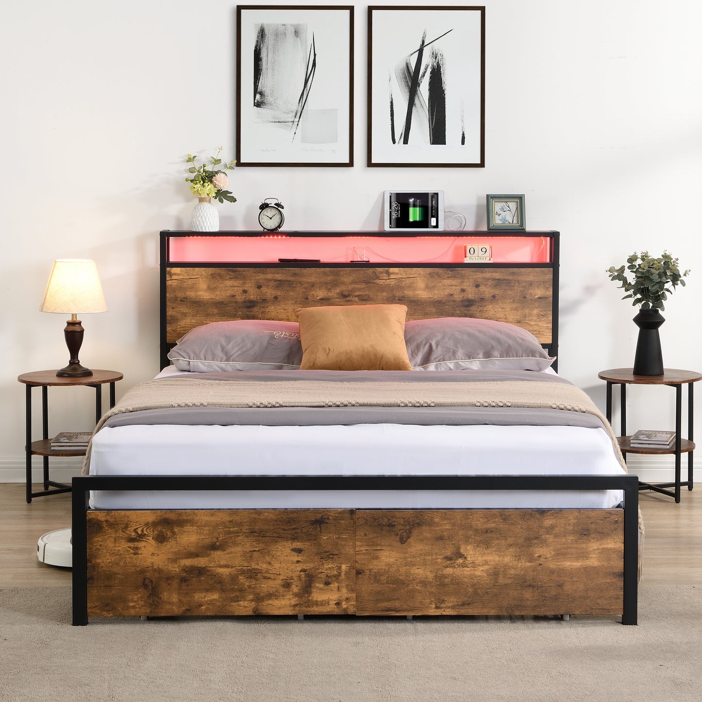 Large bed frame with storage headboard and 2 drawers, LED light bed, charging station, metal platform bed