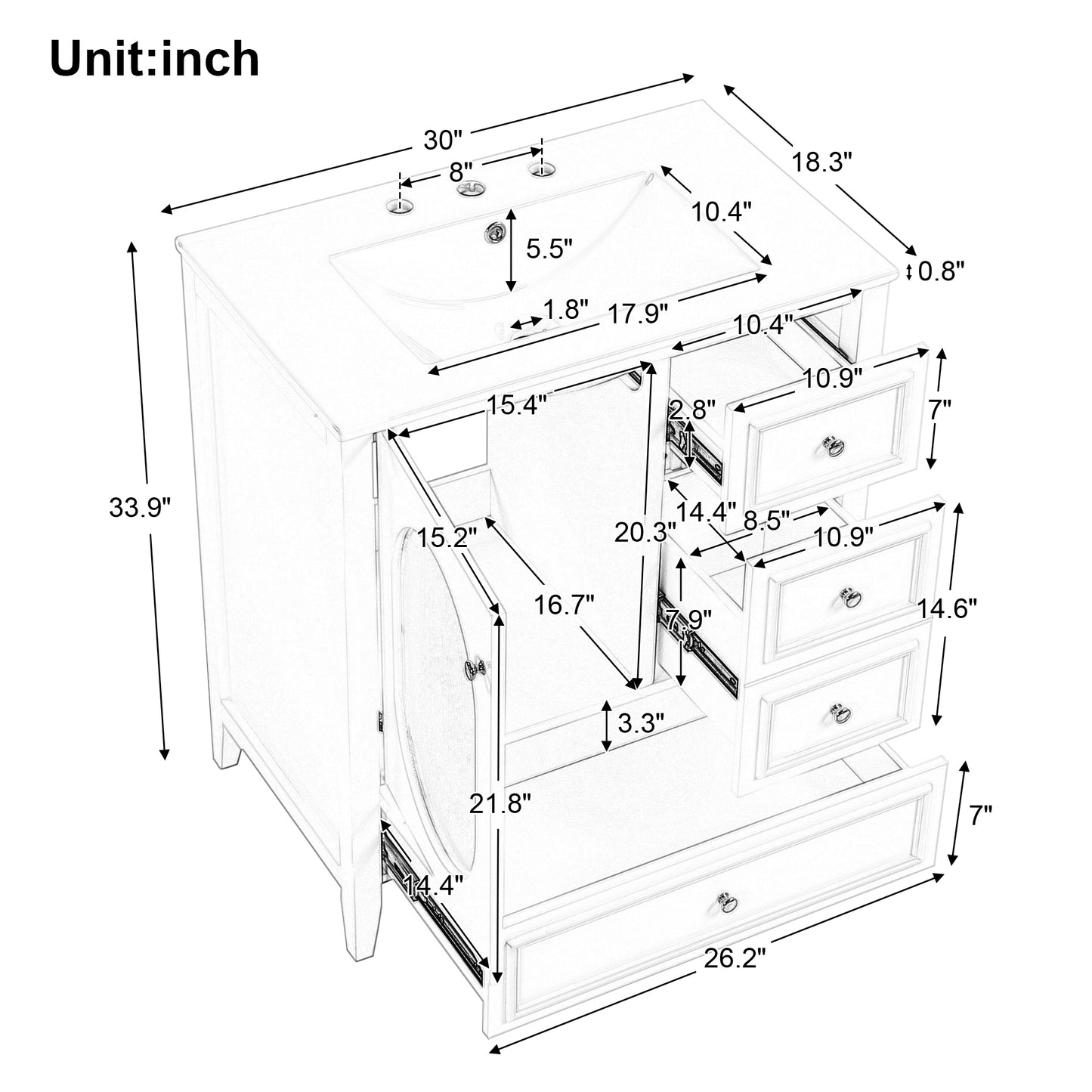 30-Zoll-Badezimmerwaschtisch mit Waschbecken, Badezimmerwaschtischunterschrank mit drei Schubladen und Tür, Massivholz und MDF, Schwarz