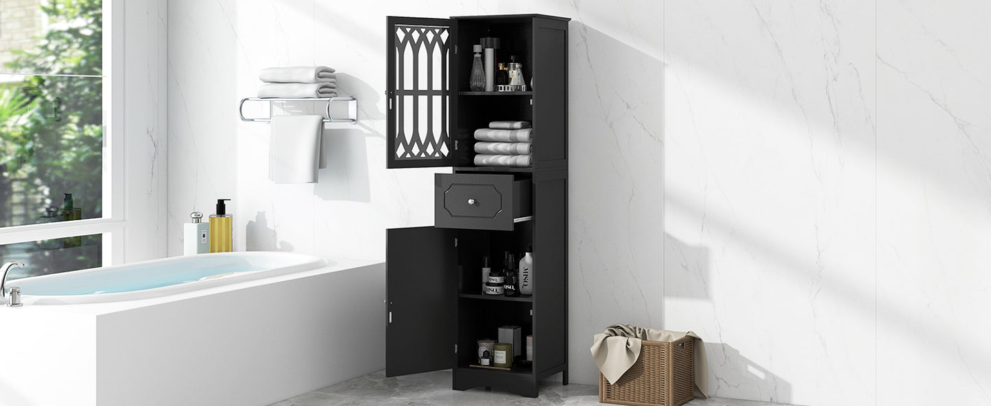 Tall Bathroom Cabinet, Freestanding Storage Cabinet with Drawer and Doors, MDF Board, Acrylic Door, Adjustable Shelf, Black