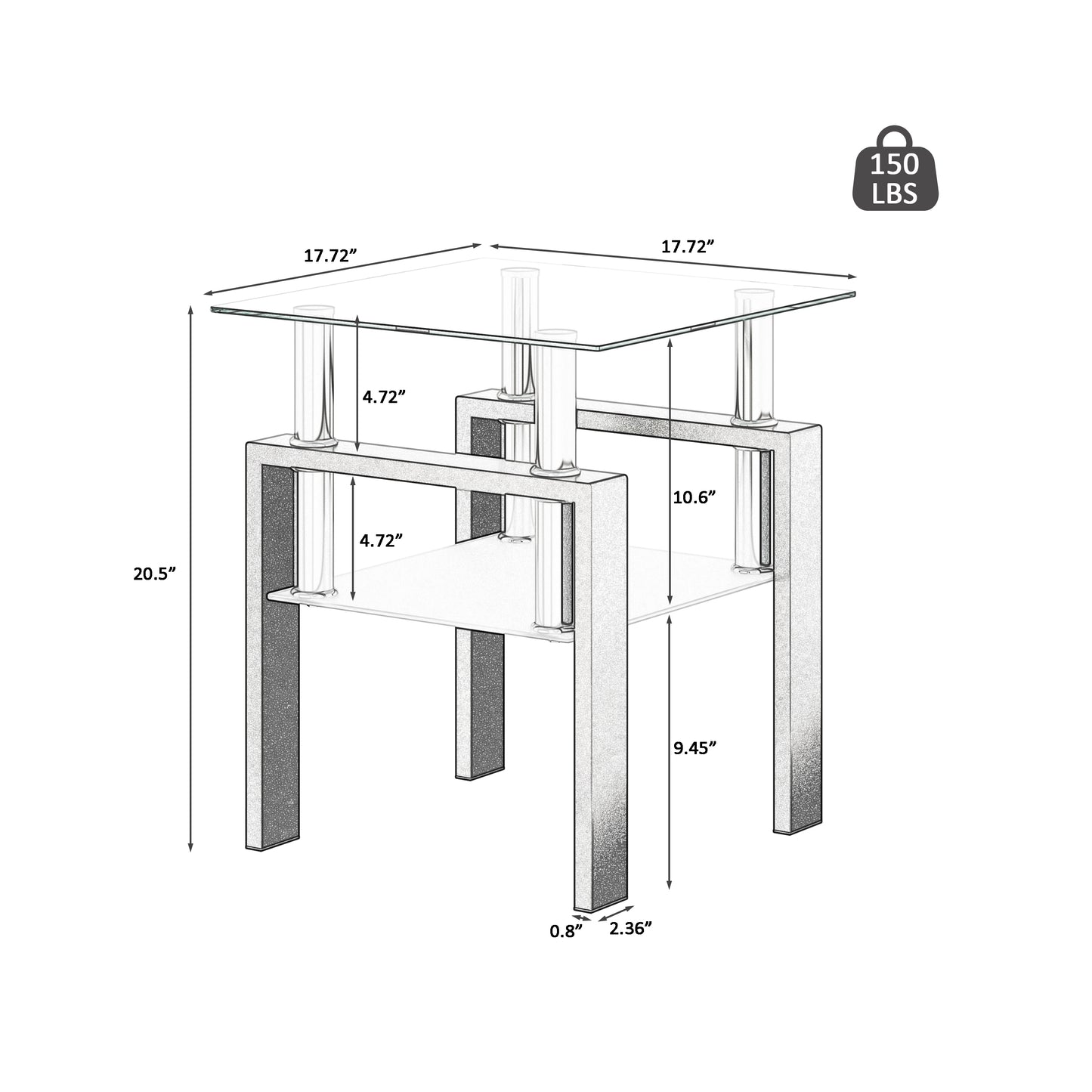 Set of 2, Modern Tempered Glass Tea Table Coffee Table End Table, Square Table for Living Room, Transparent/Black