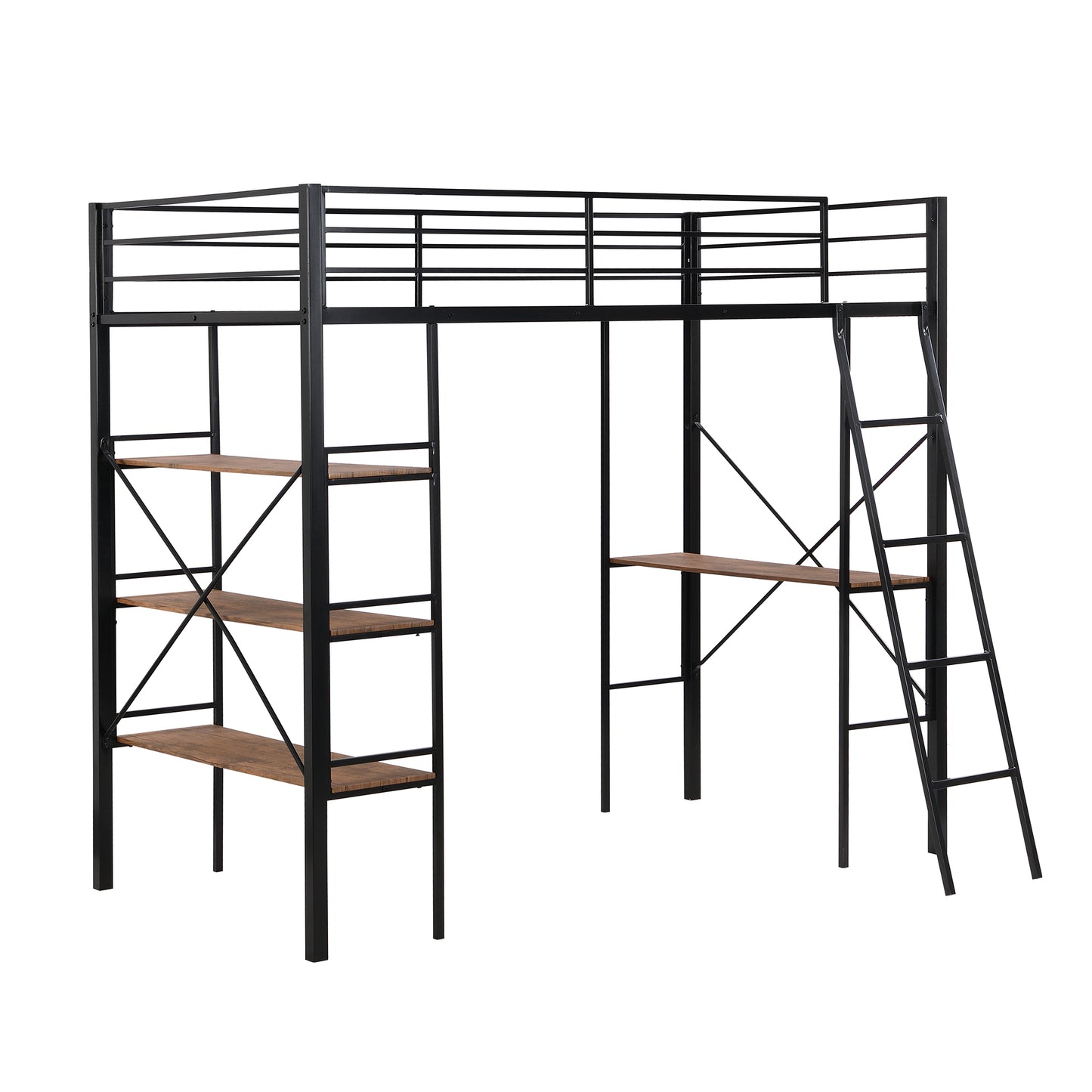 Twin Size Metal Loft Bed with Shelves and Desk, Black