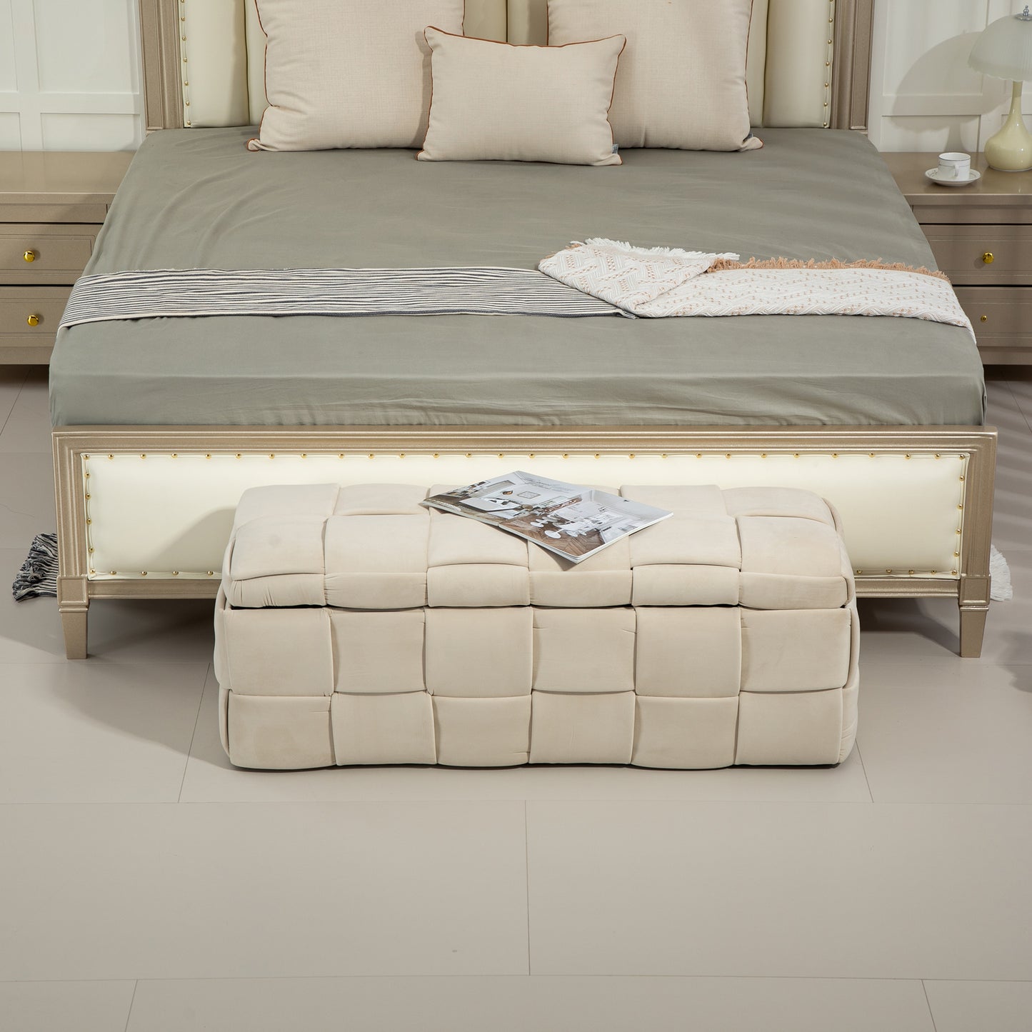 COOLMOR Ottoman-Stuhl mit Stauraum, Schlafzimmer-Beistelltisch, gepolsterter Eingangs-Fußhocker aus Stoff mit Sicherheitsscharnier (Beige)