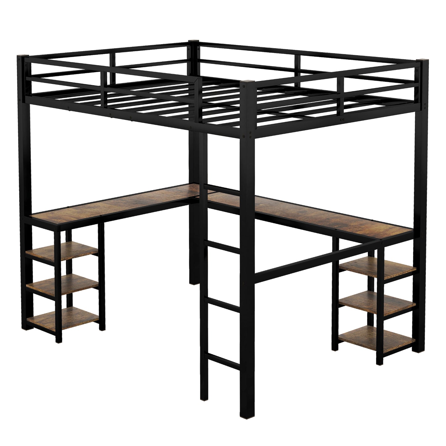 Full metal loft bed with desk and shelf, loft bed with ladder and guardrail, bedroom loft bed frame, black