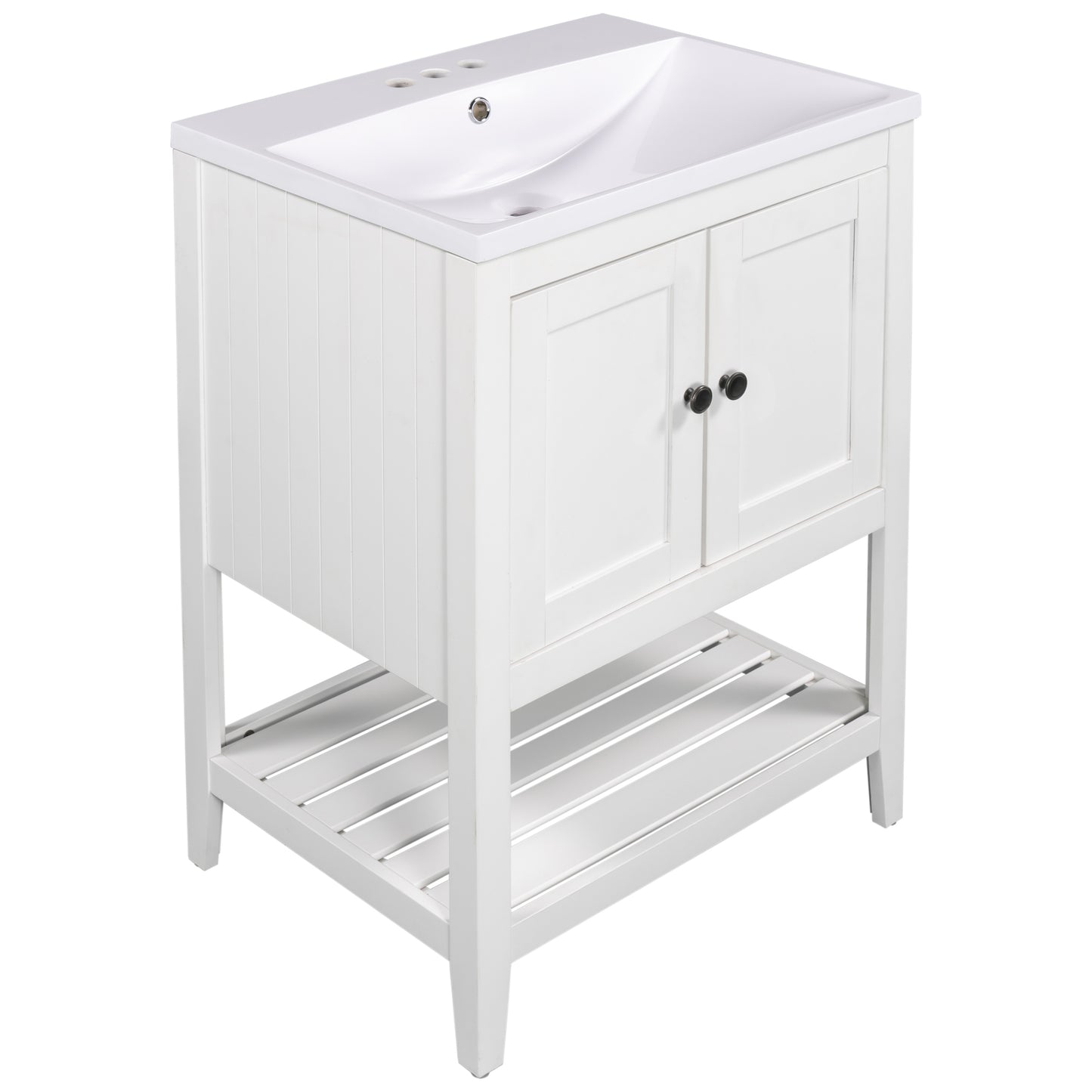 24" White Modern Sleek Bathroom Vanity Elegant Ceramic Sink with Solid Wood Frame Open Style Shelf - NOVADI