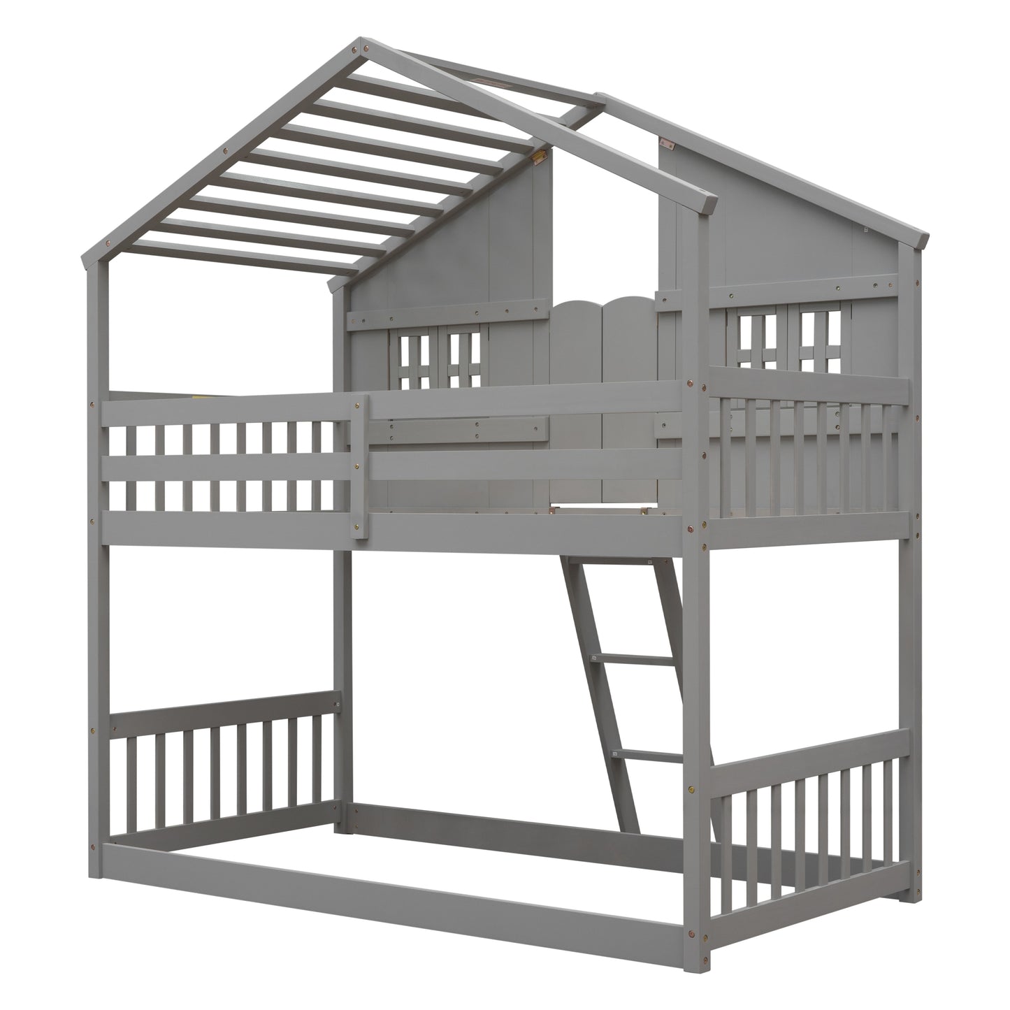 Twin over Twin House Bunk Bed with Roof , Window, Window Box, Door , with Safety Guardrails and Ladder, Grey