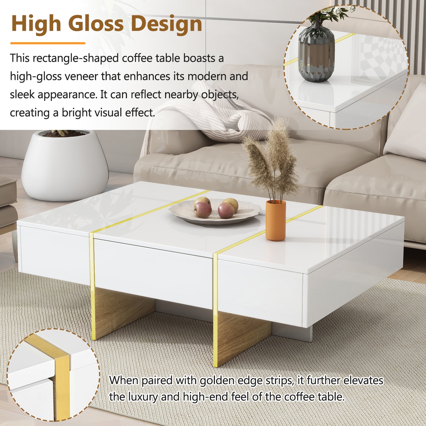 ON-TRANS 47.2 inch x 31.4 inch multifunctional rectangular sofa table with 2 drawers and gold wood grain leg center table, white