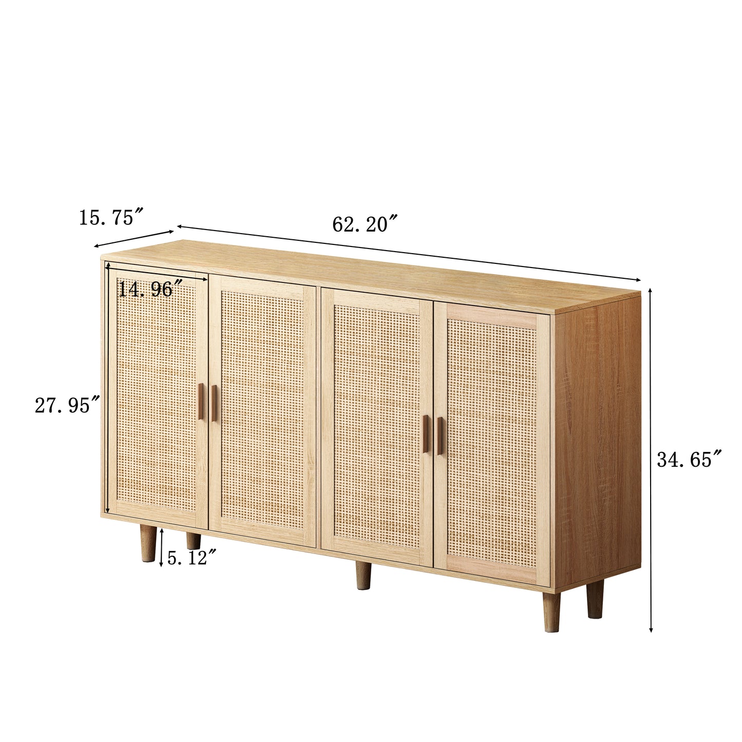 62,20" Eleganter und funktionaler dekorativer Aufbewahrungsschrank aus Rattan mit 4 Türen, für Schlafzimmer, Wohnzimmer, Büro, einfache Montage