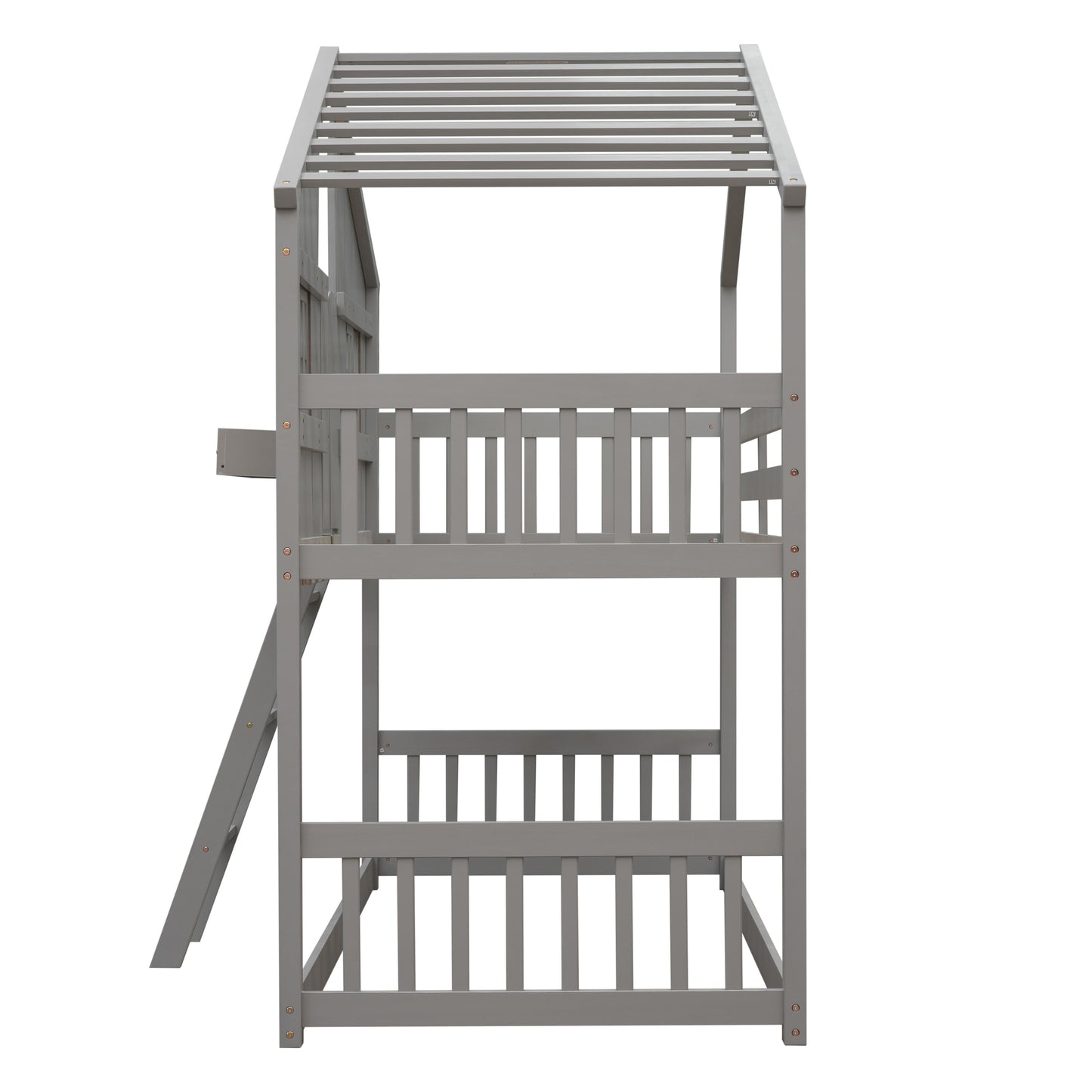 Twin over Twin House Bunk Bed with Roof , Window, Window Box, Door , with Safety Guardrails and Ladder, Grey