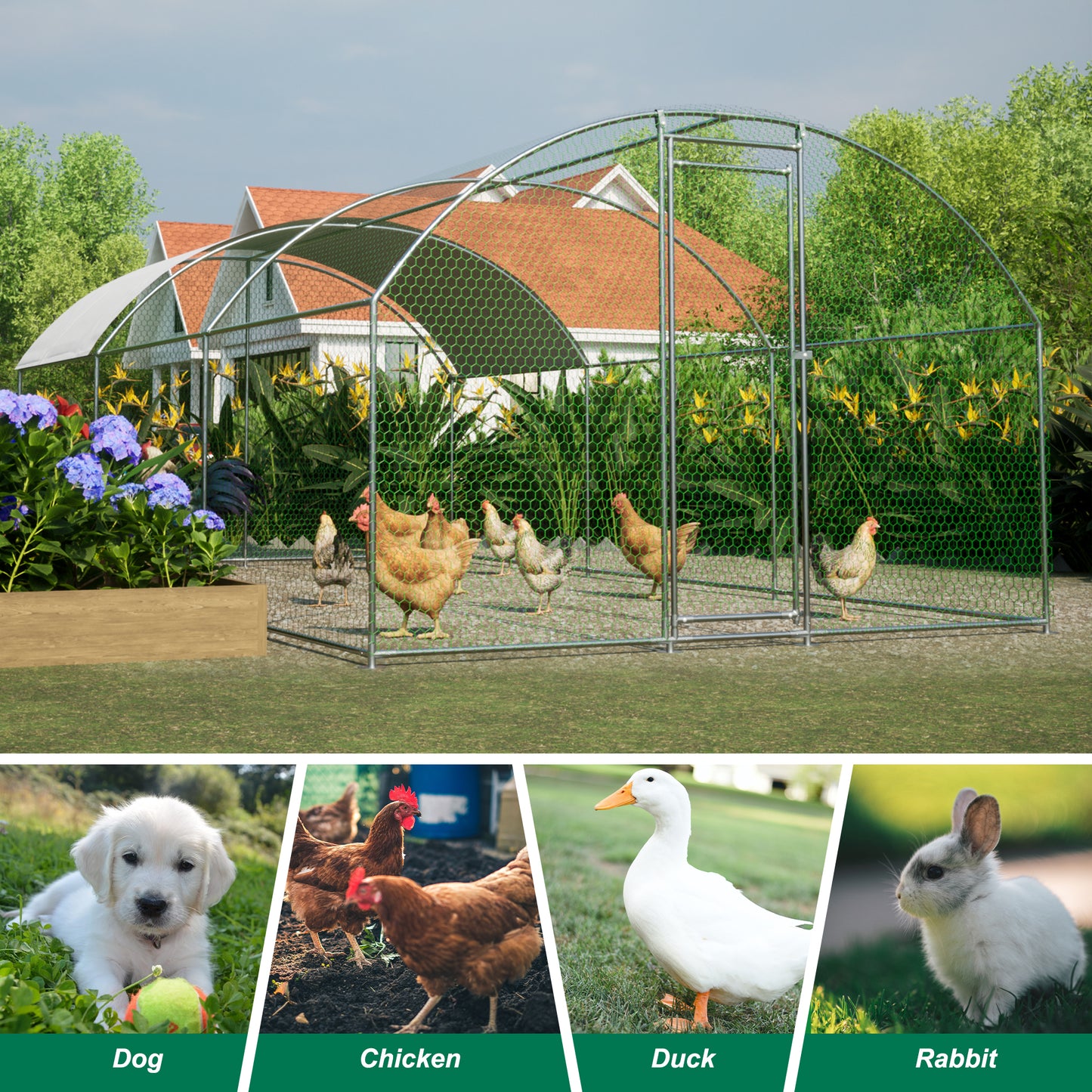 Large dome shaped walk-in fence cage metal chicken coop with waterproof and UV resistant cover, pipe diameter 1 inch