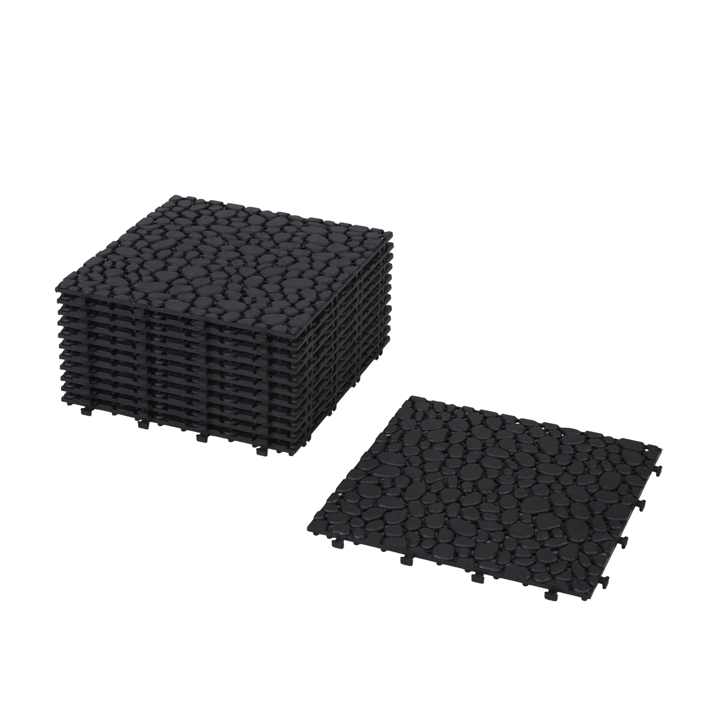 12 x 12 inch black interlocking deck tiles, plastic waterproofing, pebble pattern, pack of 12