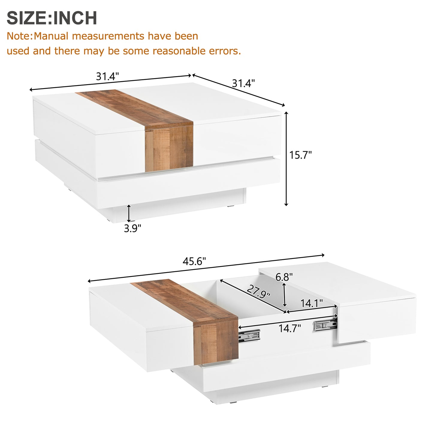 ON-TRANS 31.4 inches x 31.4 inches with sliding tabletop, high gloss center table, hidden storage room white