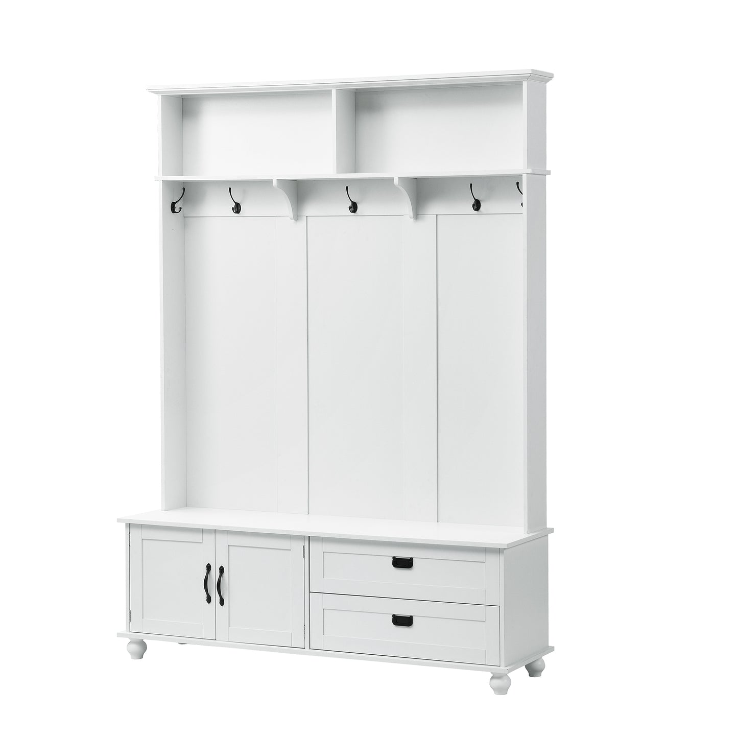 ON-TREND Modern Style Hall Tree with Storage Cabinet and 2 Large Drawers, Widen Mudroom Bench with 5 Coat Hooks, White