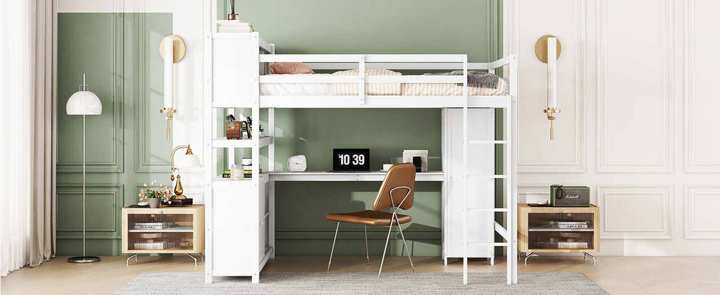 Wood Loft Bed with Cabinet and Bookshelf, Full Size Loft with Wardrobe and Desk for Kids,White