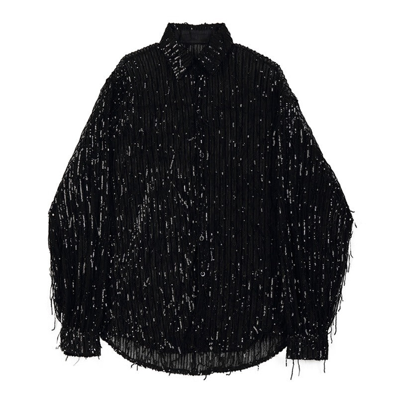 Sequin bead shirt men's heavy craft tassel shirt - NOVADI