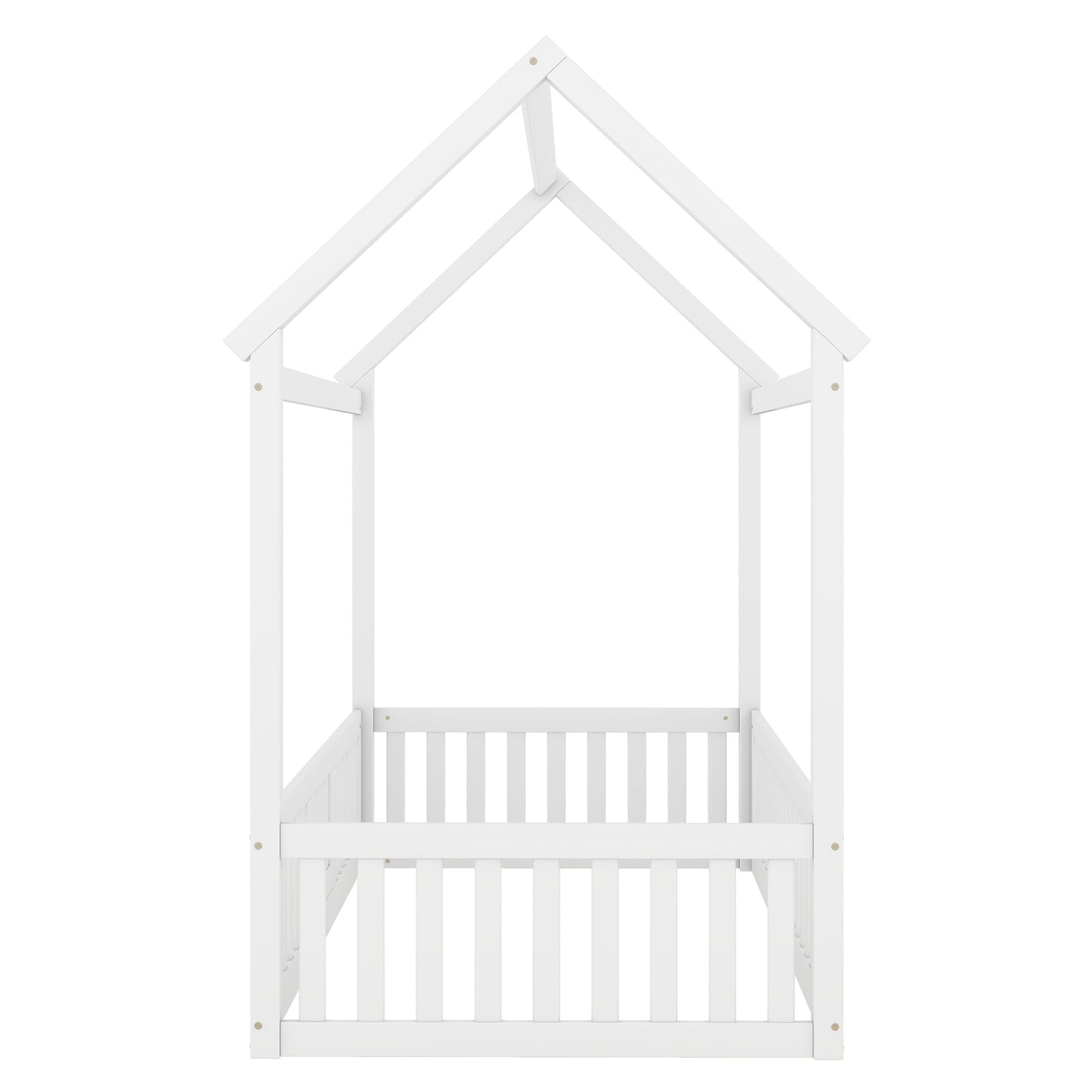 Twin Size Wood House Bed with Fence and Door, White