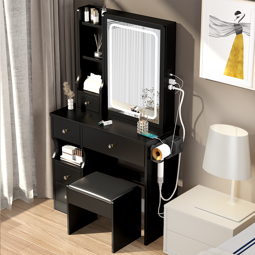 Left drawer desktop vanity+cushioned stool, 2 AC+2 USB power stations, touch sliding LED mirror, tri color switch