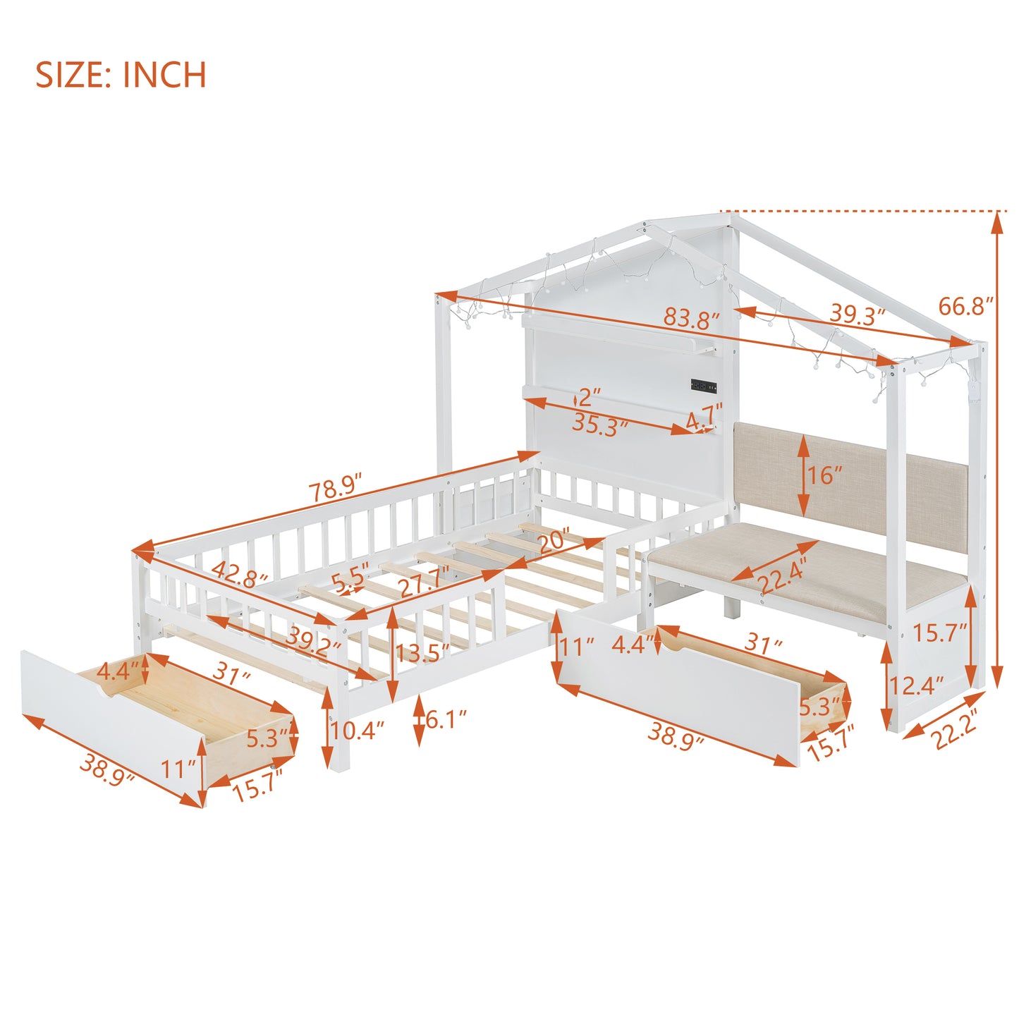 Twin Size House Bed with Upholstered Sofa, House Bed with Charging Station, Wireless Charging, Shelves and Two Drawers, White