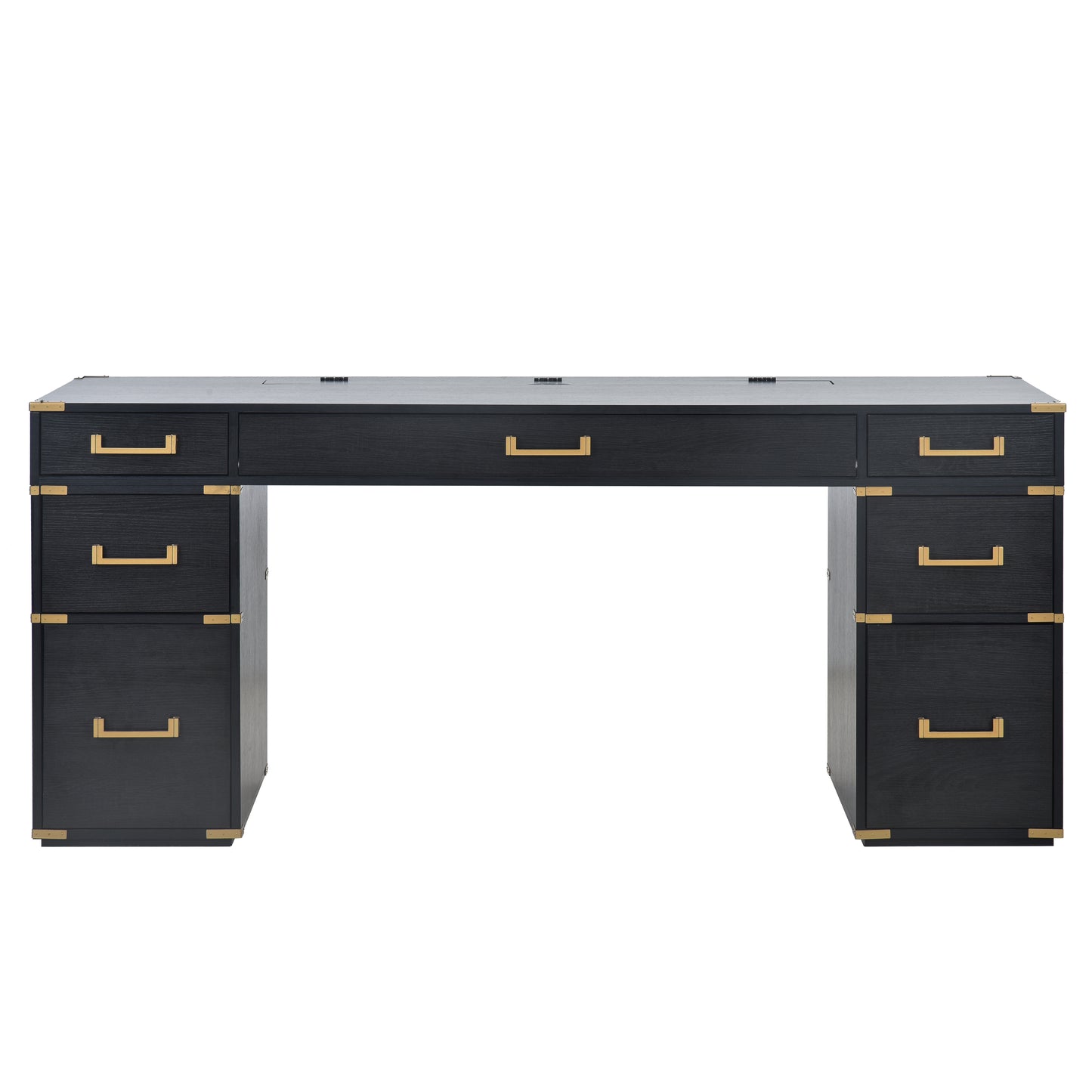 70 inch classic and traditional executive desk with metal trim, writing desk with 2 file drawers, USB ports, and sockets, black