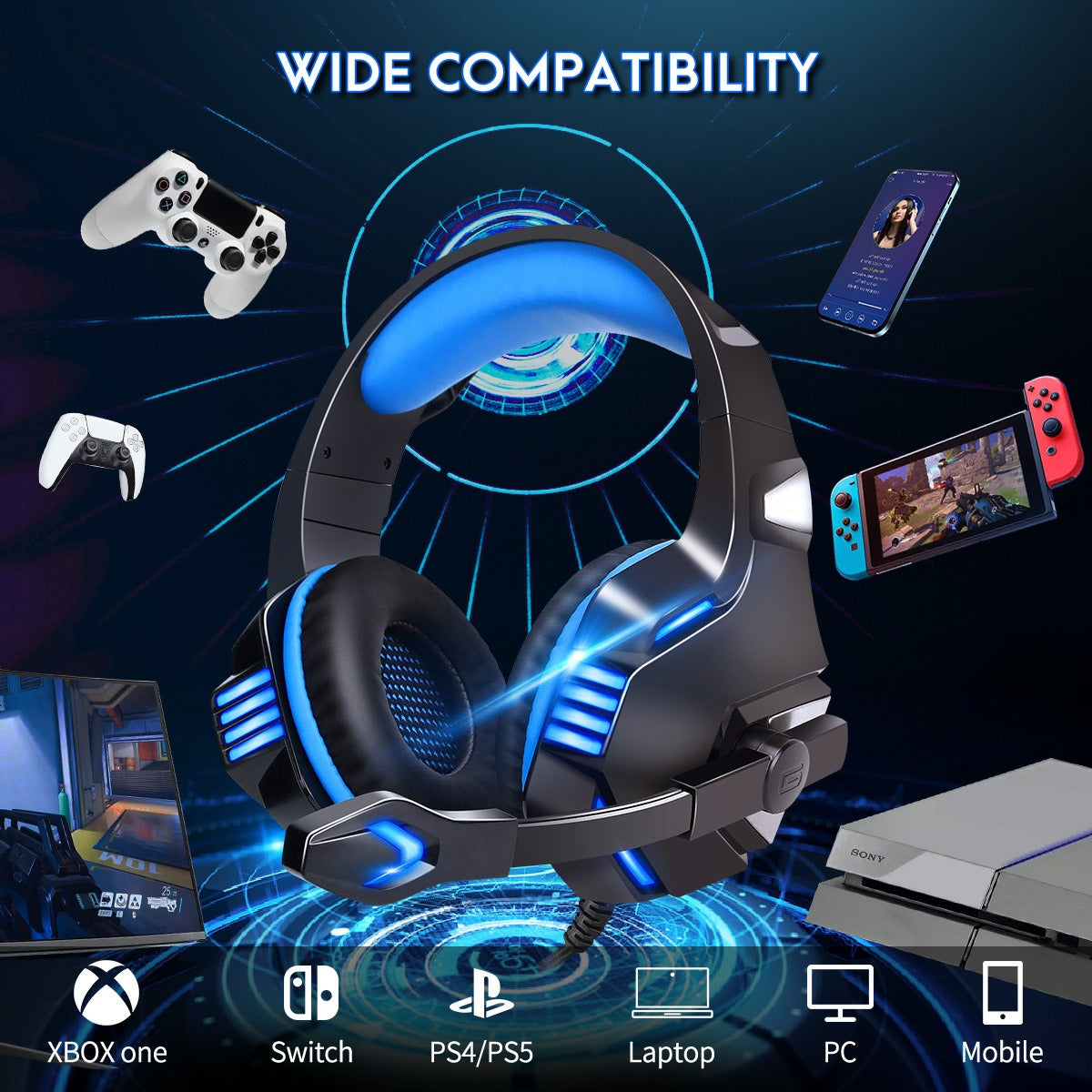 Head mounted gaming headphones RGB headphones wired headphones mobile phones computers subwoofers