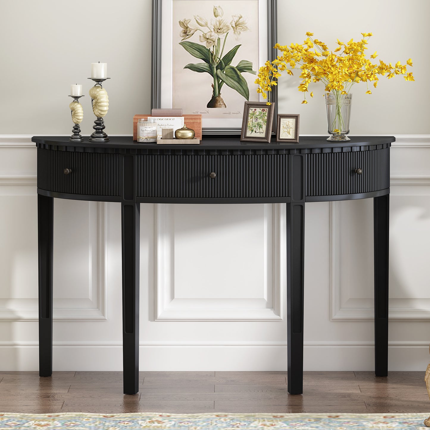 U-Style Distinctive Features of Pine Veneer Console Table with Vertical Stripe Drawer Fronts and Four Legs