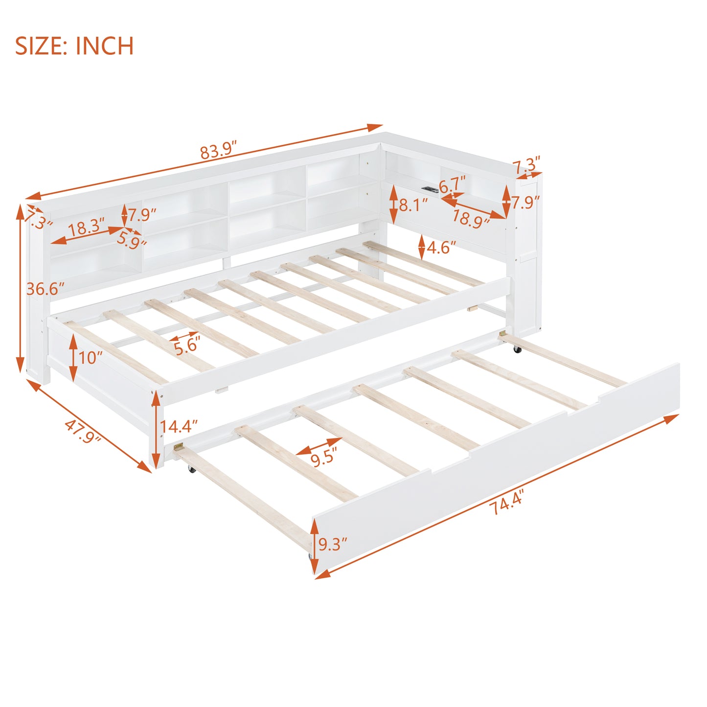 Wooden Twin Size DayBed with Twin Trundle, DayBed with Storage Shelf and USB Charging Ports,White